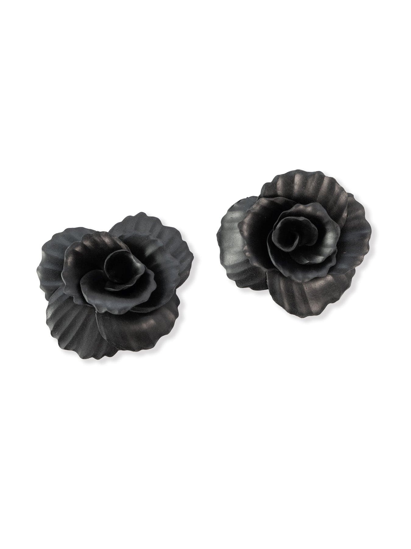 Black rosette stud earrings, ruffled petals, matte, lightweight, layered floral design #color_black
