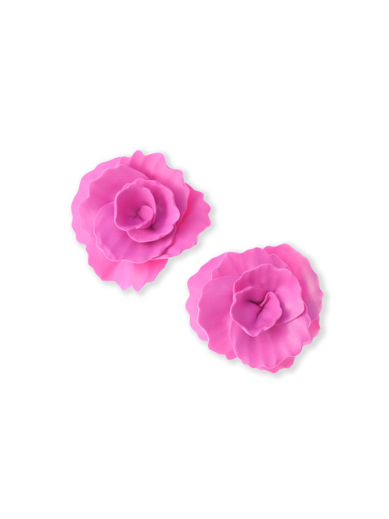 Pink rosette stud earrings, ruffled petals, matte, lightweight, layered floral design #color_pink