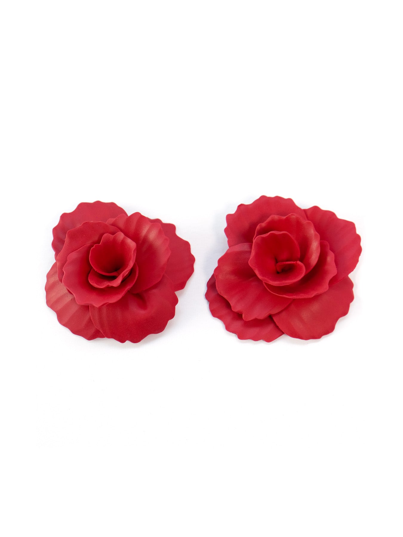 Red flower stud earrings, sculpted, dimensional, soft-touch, blooming petals #color_red