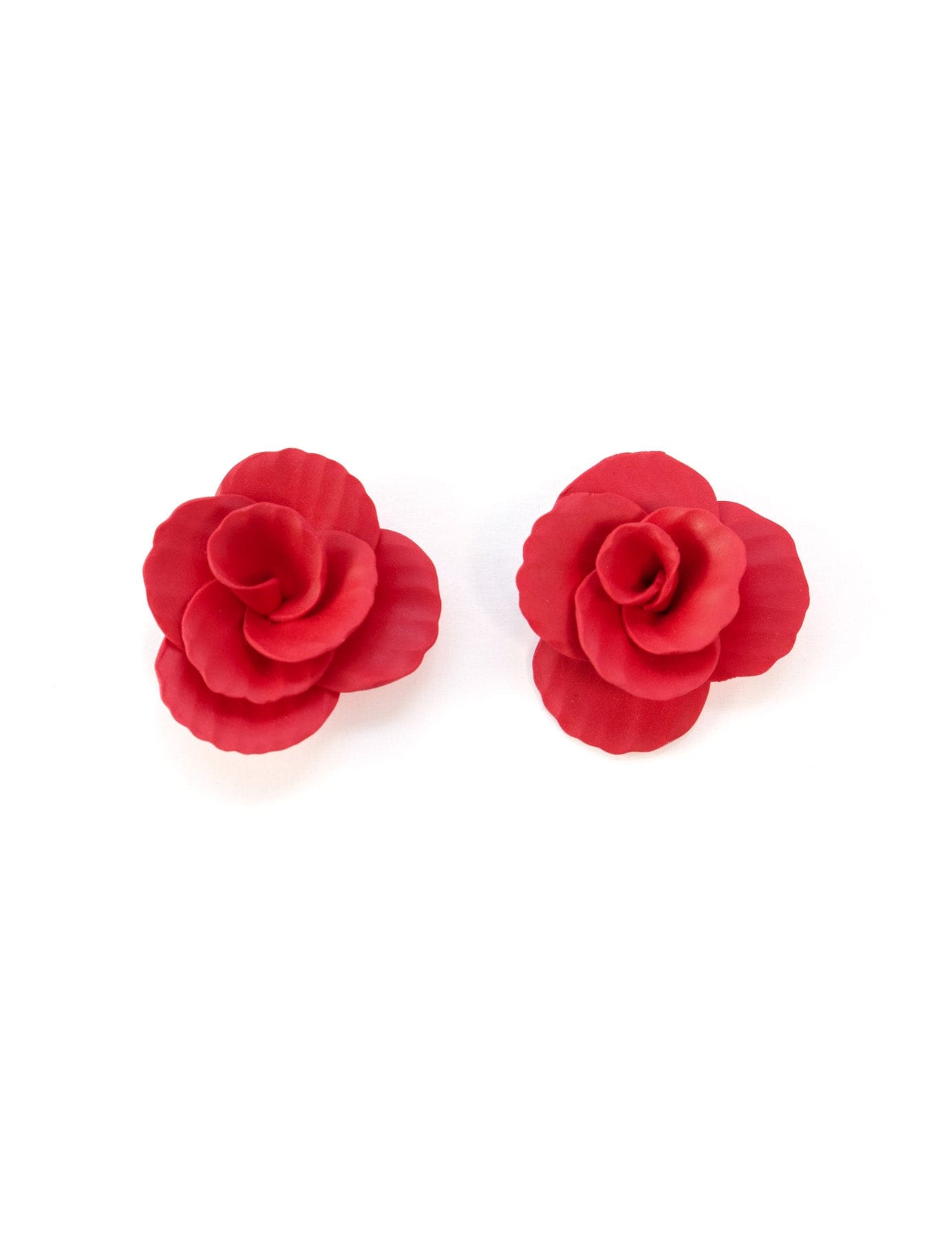 Red rose stud earrings, sculpted, matte, lightweight, layered ruffled petals #color_red