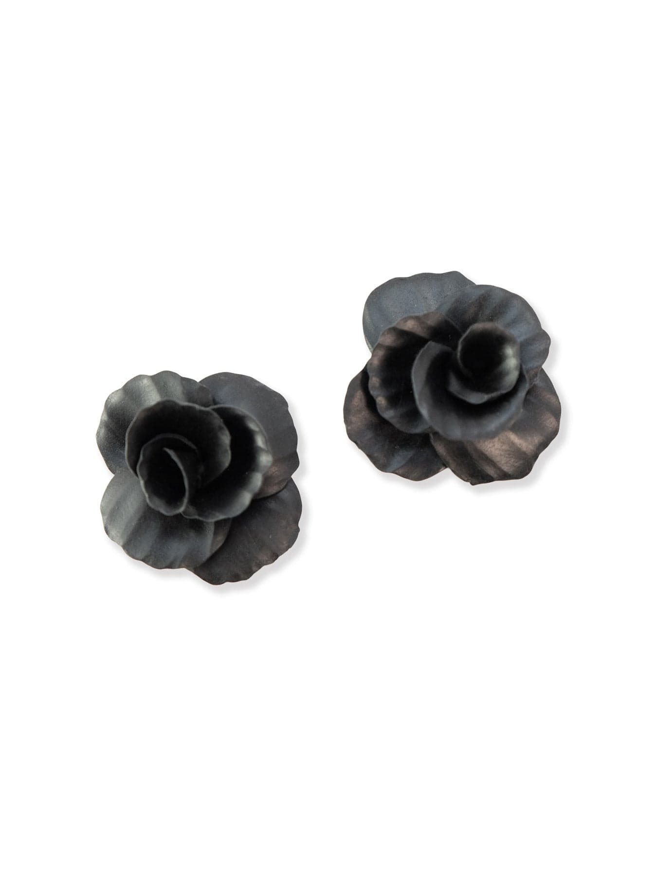 Black rose stud earrings, sculpted, matte, lightweight, layered ruffled petals #color_black