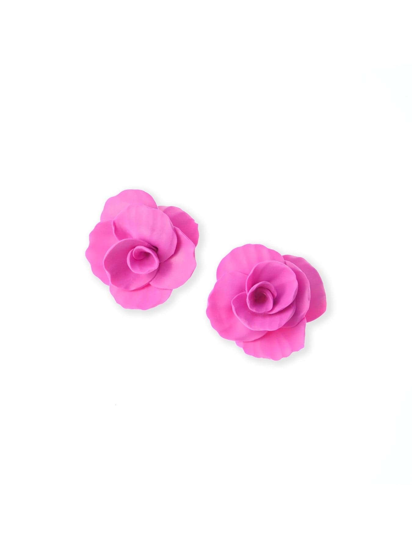 Pink rose stud earrings, sculpted, matte, lightweight, layered ruffled petals #color_pink