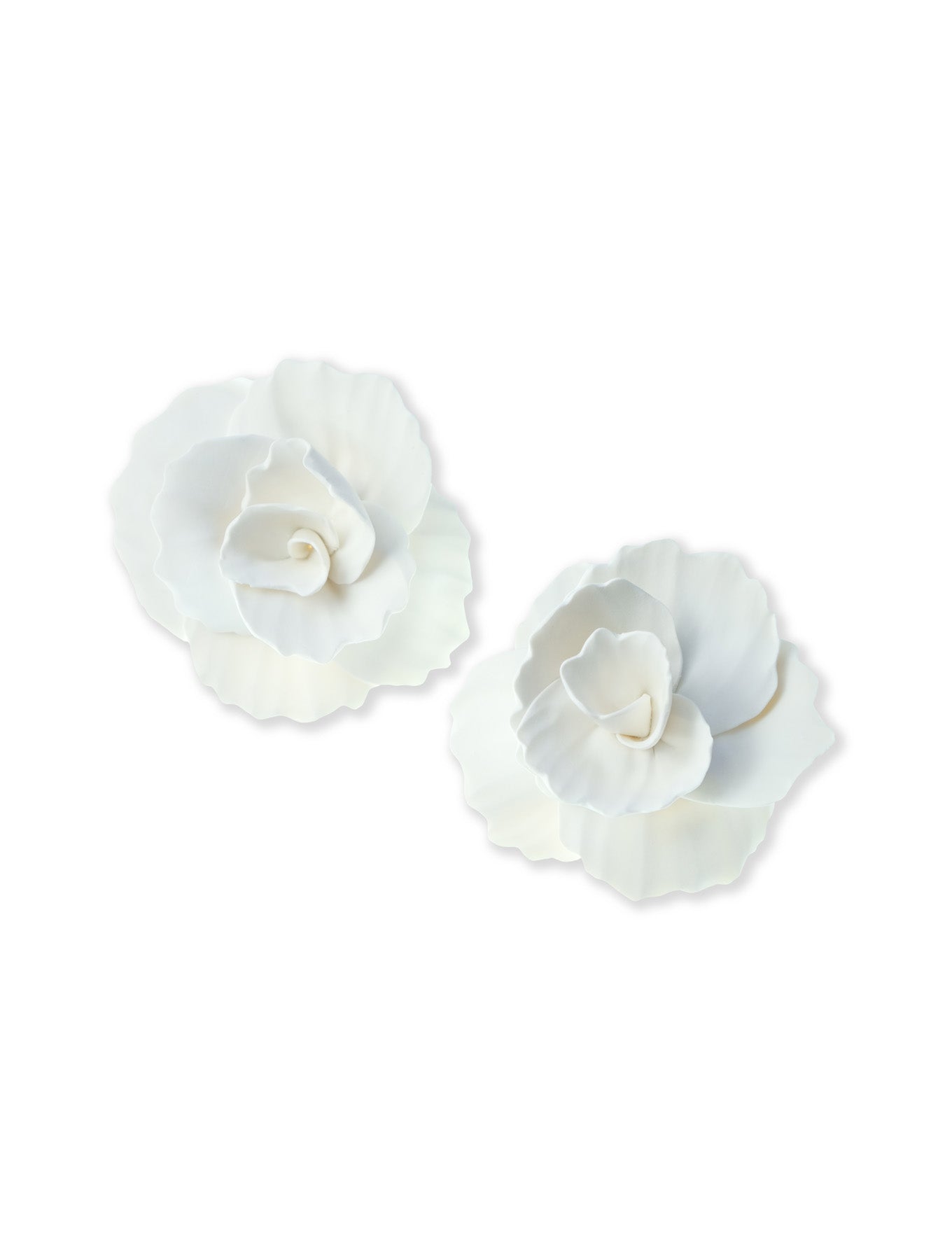 White rose stud earrings, sculpted, matte, lightweight, layered ruffled petals #color_white