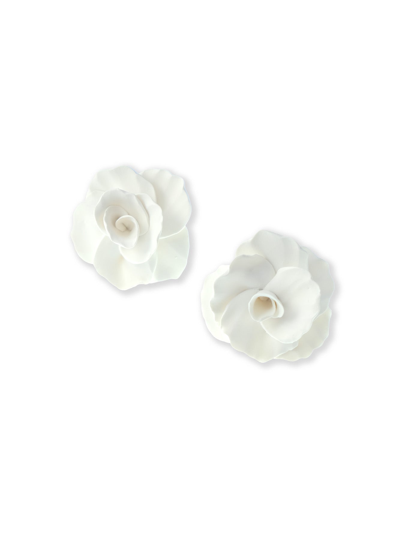 White rose stud earrings, sculpted, matte, lightweight, layered ruffled petals #color_white