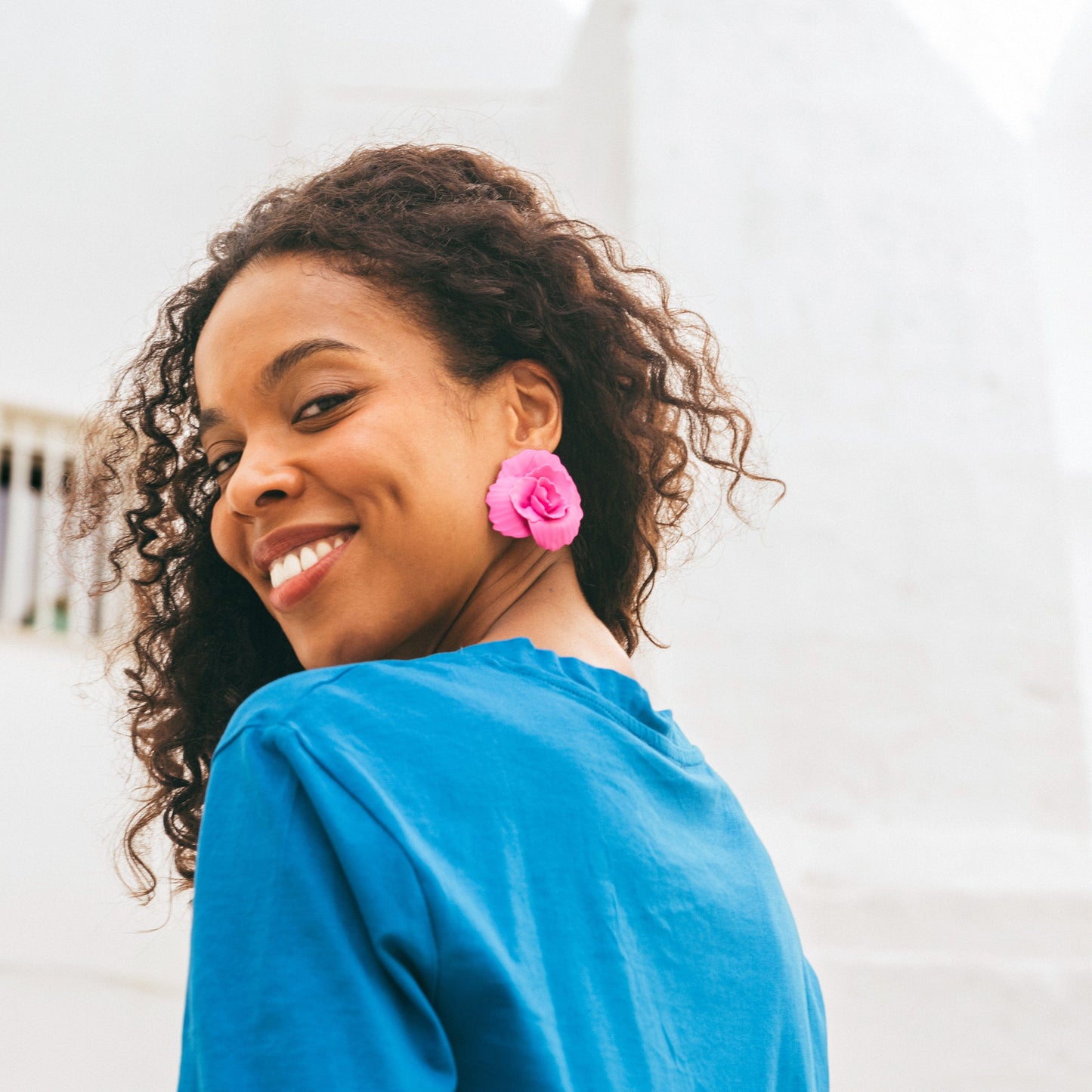 Hand-made statement flower rosette stud earrings in hot pink #color_hot-pink