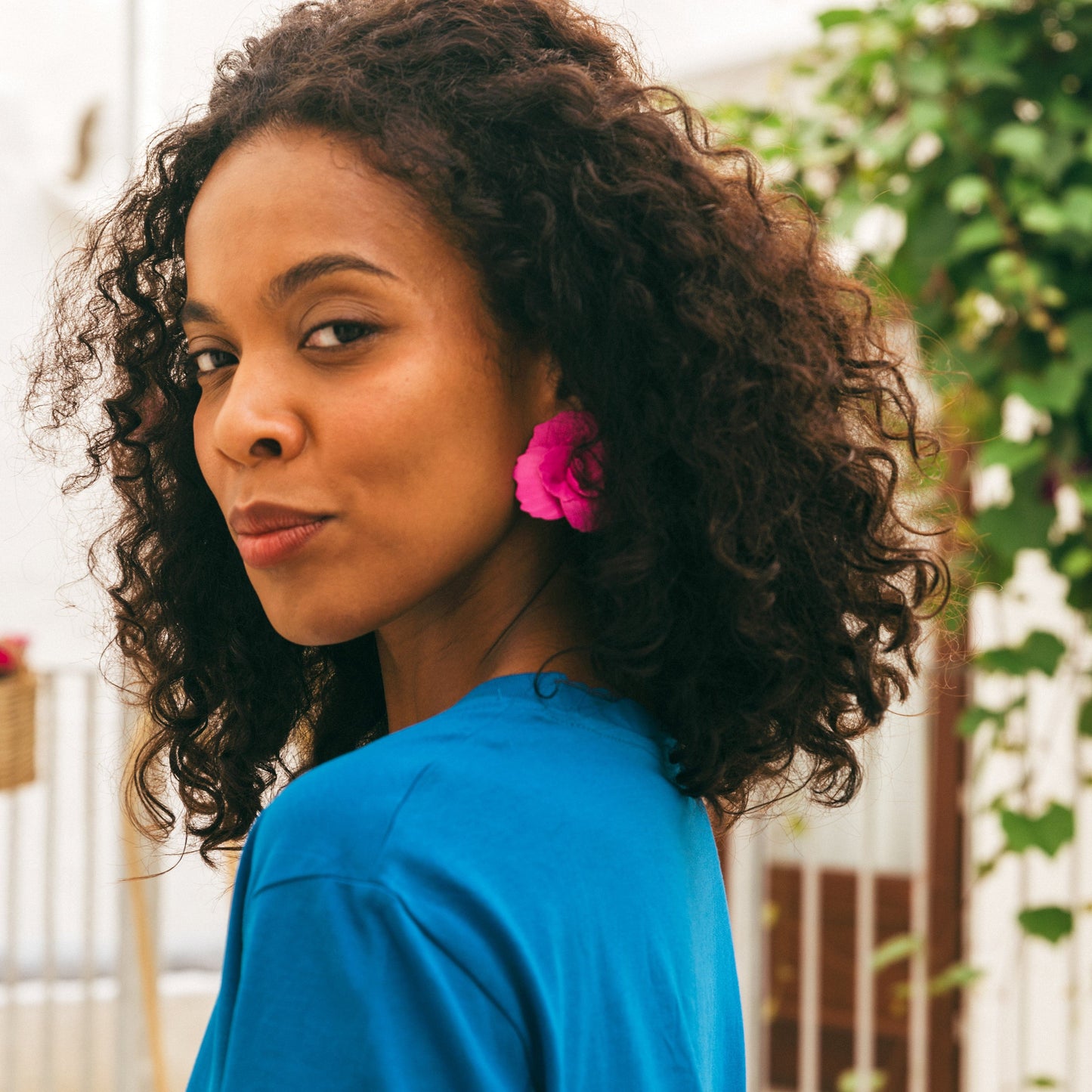 Hand-made statement flower rosette stud earrings in hot pink #color_hot-pink