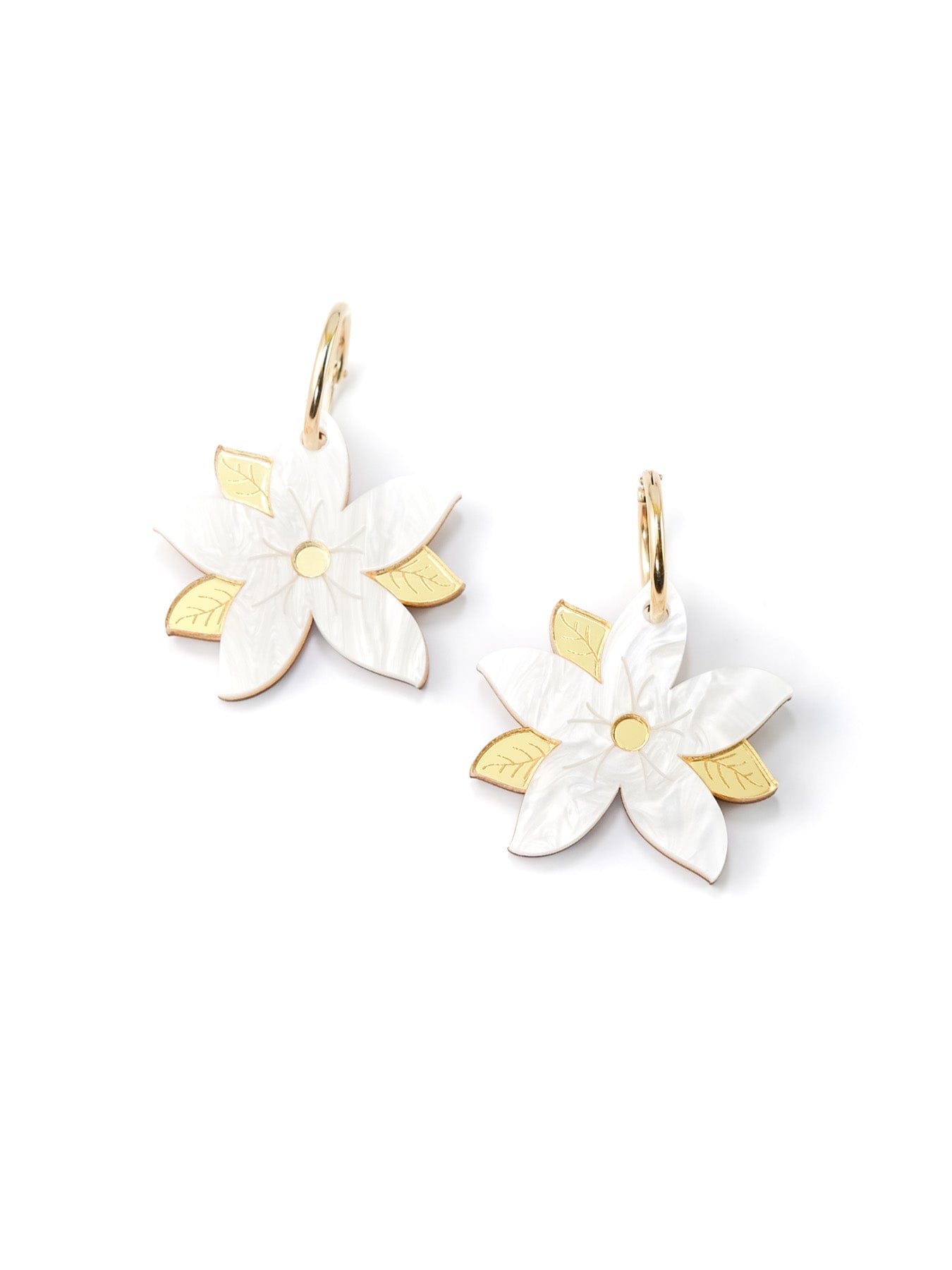 Sampaguita floral hoop charms in white, glossy, delicate, textured petals, gold details #color_white-gold