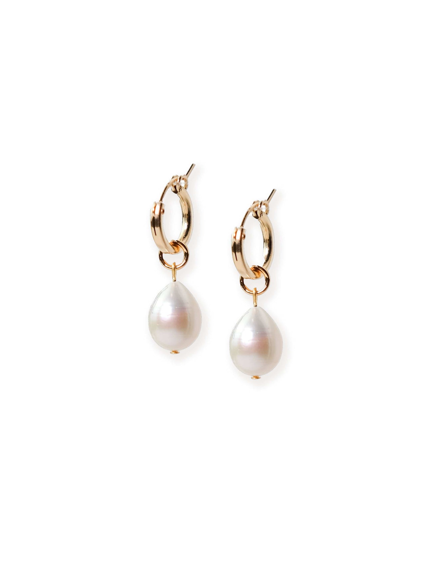 Gold mini hoops with oversized pearl drops, polished, classic, airy, simple modern style #color_gold-white