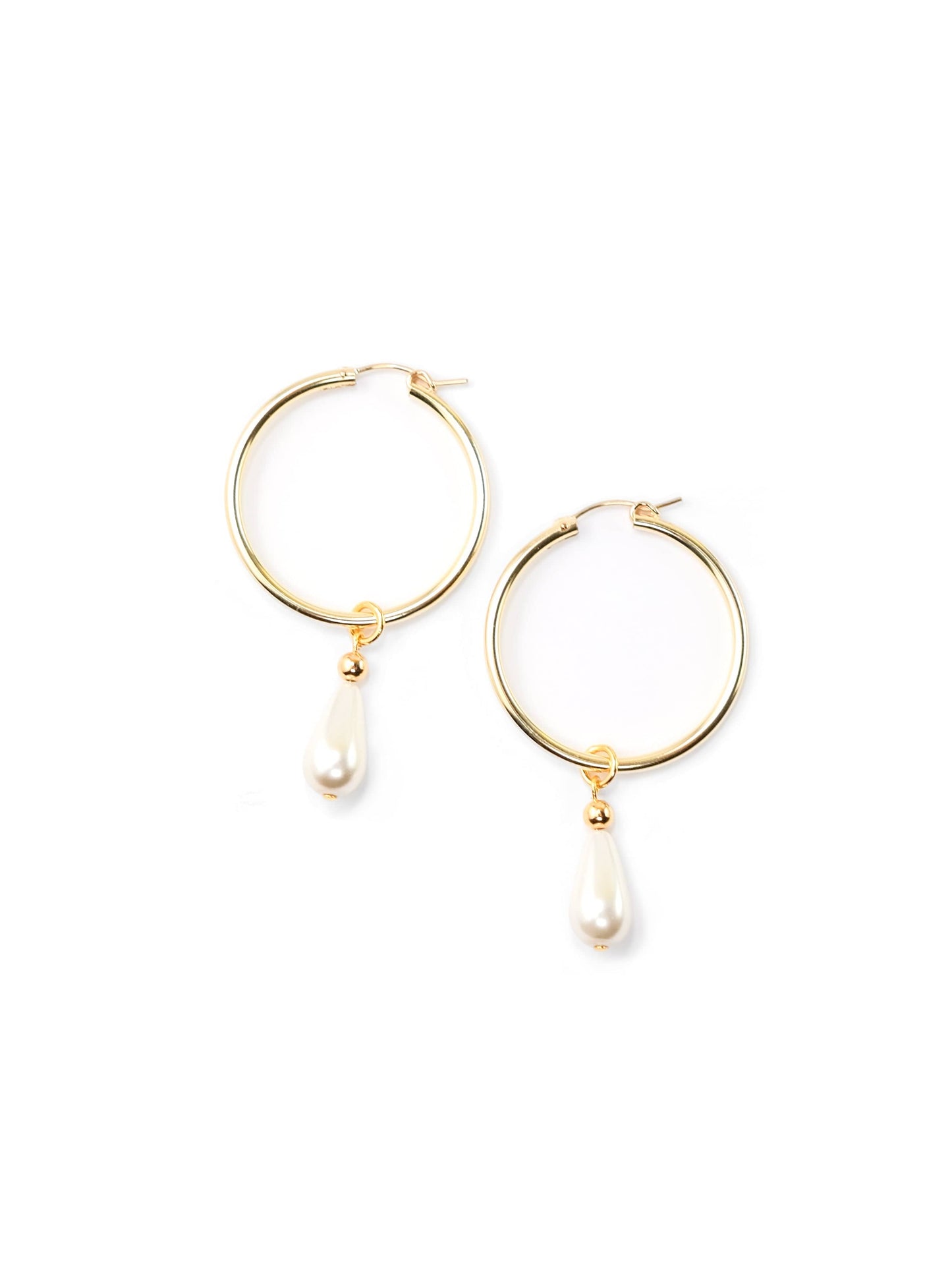Gold hoop earrings with teardrop pearls, glossy, lightweight, minimalist, dangling charm design #color_gold-white
