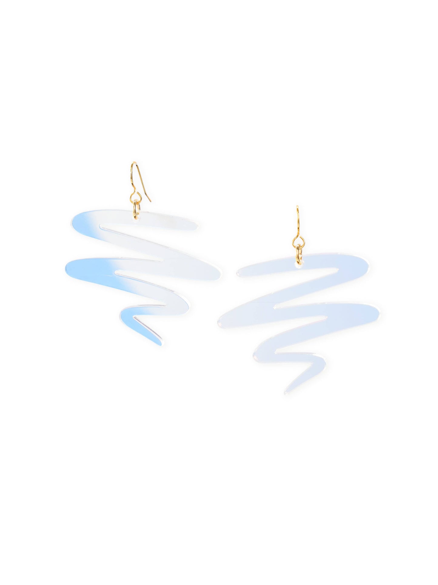 Iridescent squiggle earrings, glossy, lightweight, reflective, abstract zigzag on gold hooks #color_iridescent