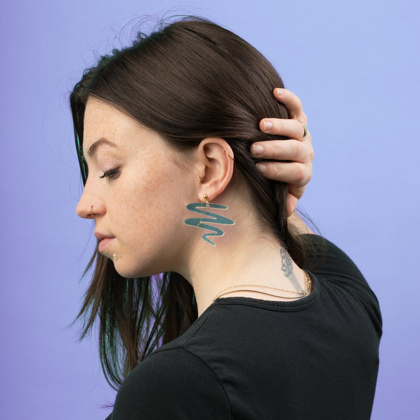 Unique, eye-catching, lightweight and cute Squiggle dangly earrings in iridescent #color_iridescent