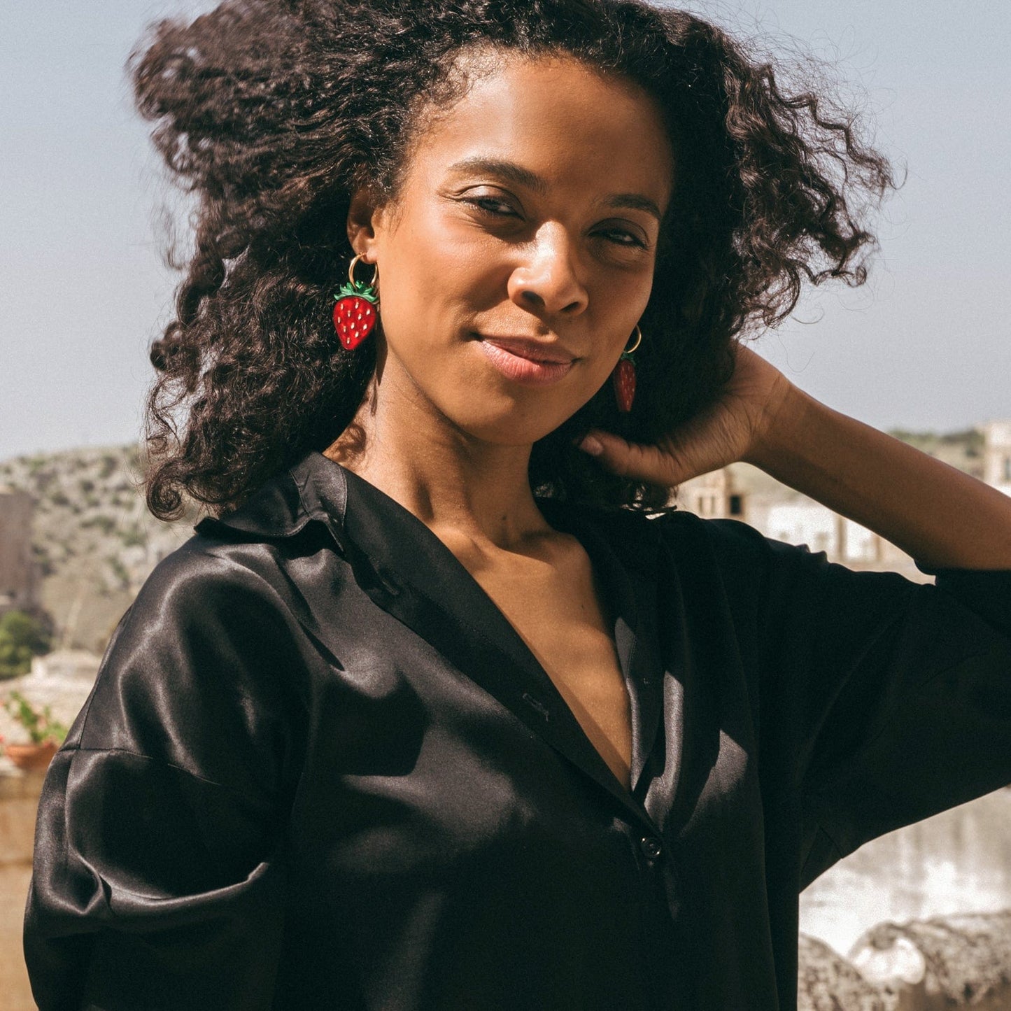 Strawberry dangly gold-filled hoop earrings with removable charm