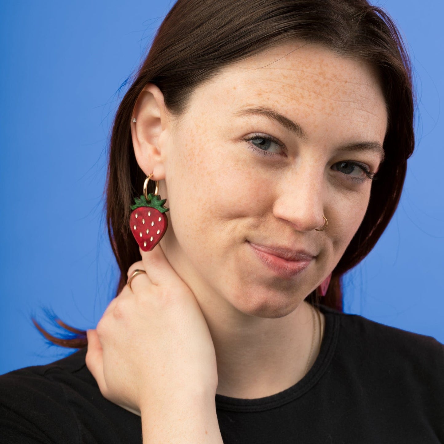 Cute and elegant Strawberry dangly gold-filled hoop earrings with removable charm