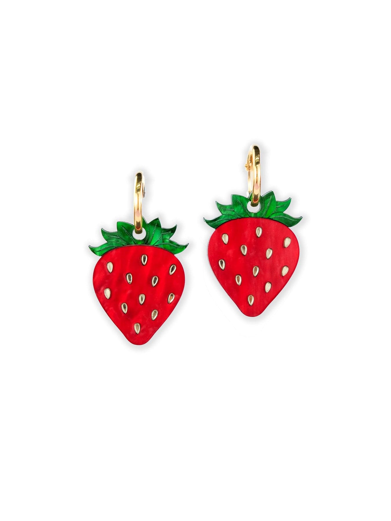 Strawberry-inspired hoop charms, sleek, lightweight, bold red berries with emerald leaves #color_red-green