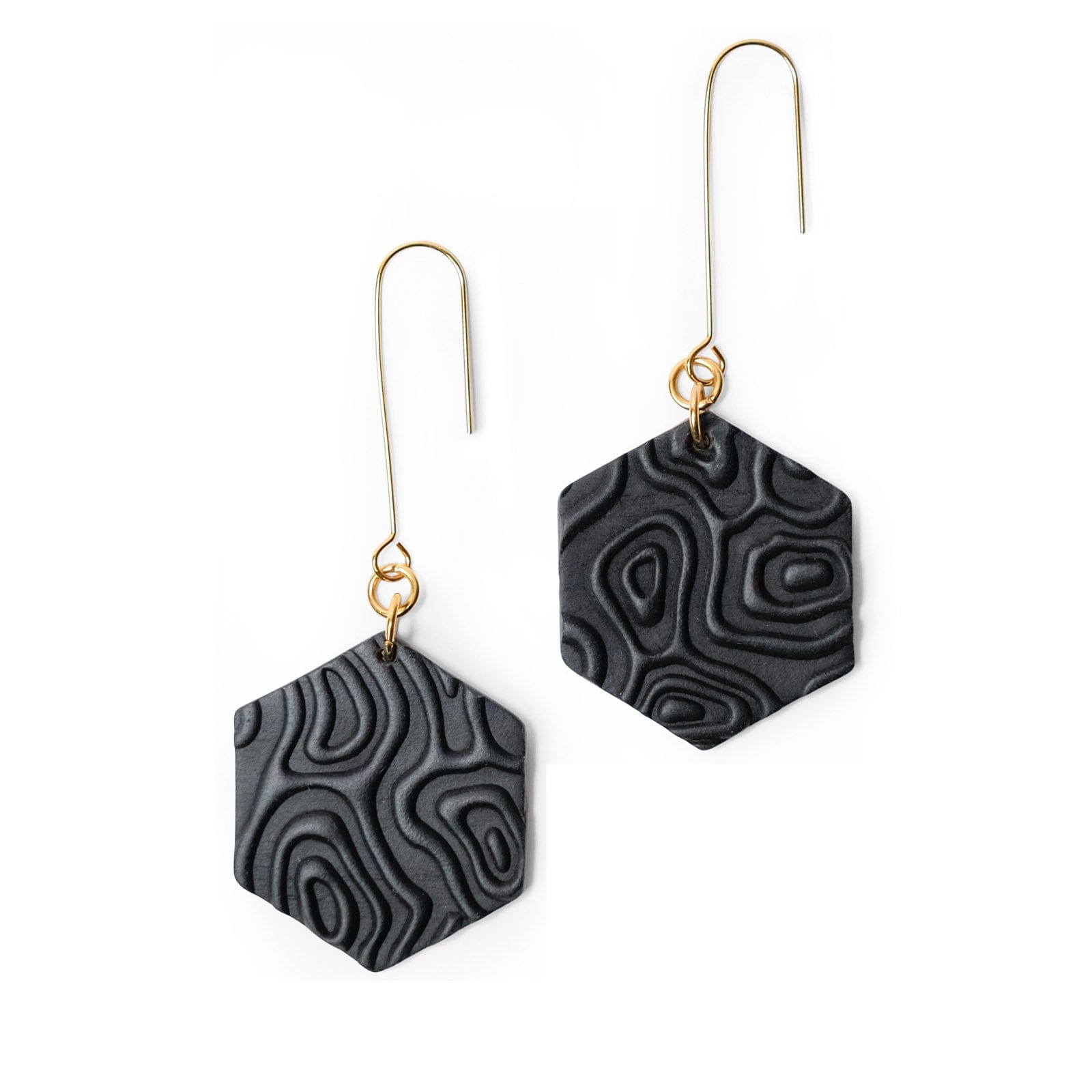 Swinging Hex Dangly Earrings #color_black-topographic-texture