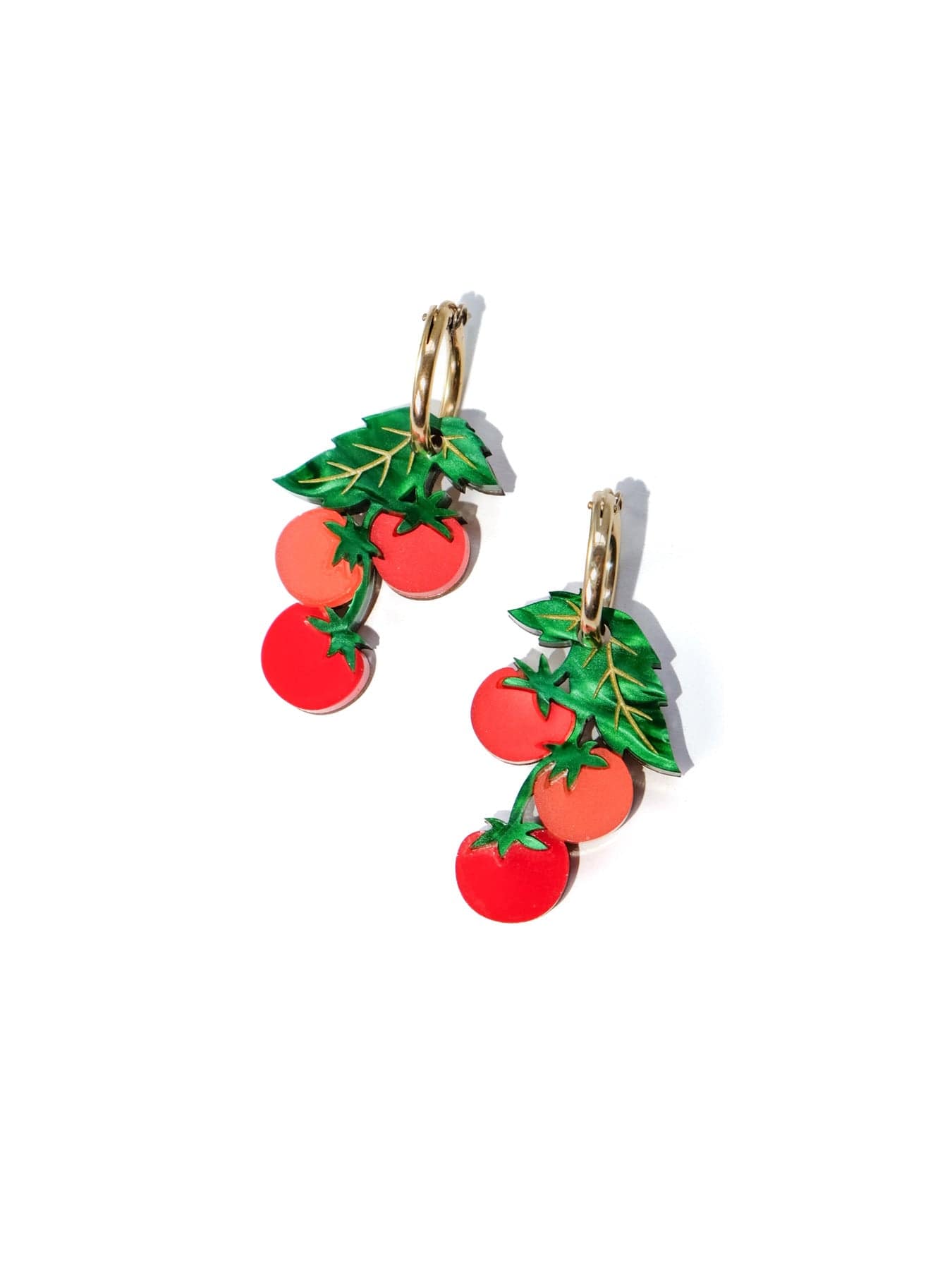 Tomato vine charm hoop earrings, glossy, lightweight, playful, red fruit clusters with green leaves on gold hoops #color_red-green