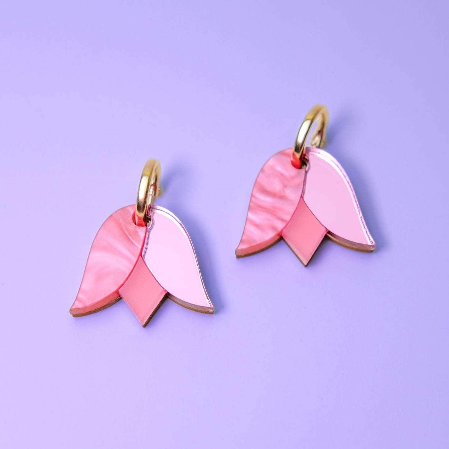 Cute and dainty Tulip flower gold-filled hoop earrings in pink #color_pink