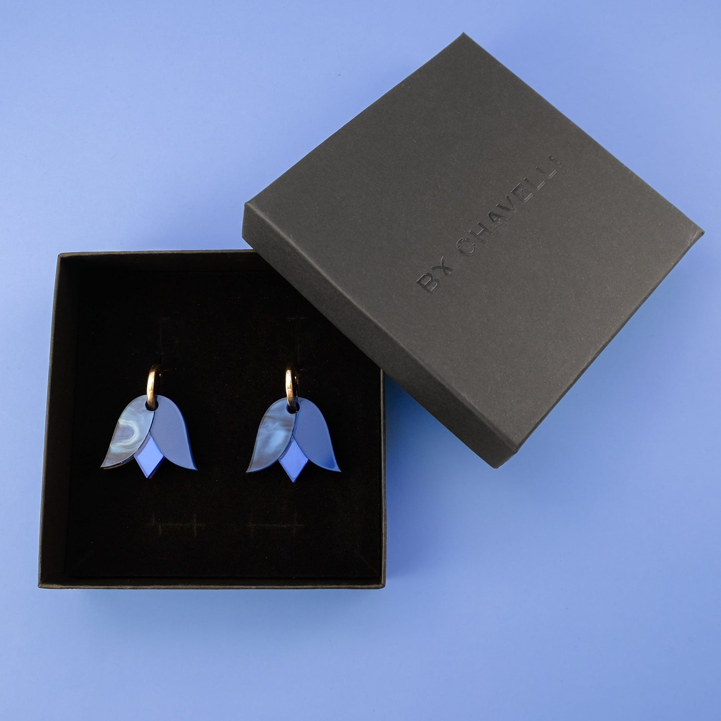 Cute and dainty Tulip flower gold-filled hoop earrings in blue #color_blue