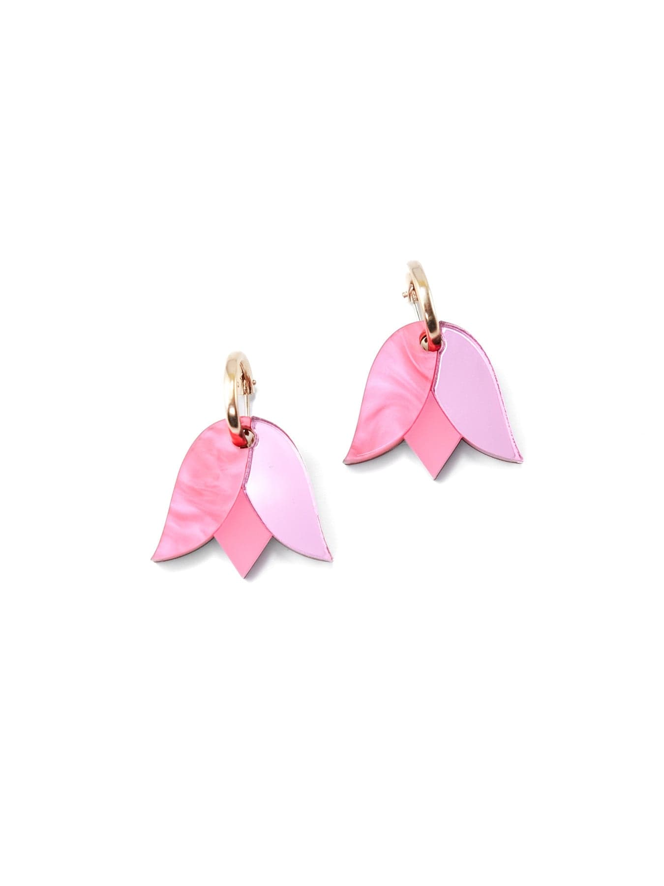 Pink layered leaf earrings, sleek, curved petals, mixed finishes, airy, small gold hoops #color_pink