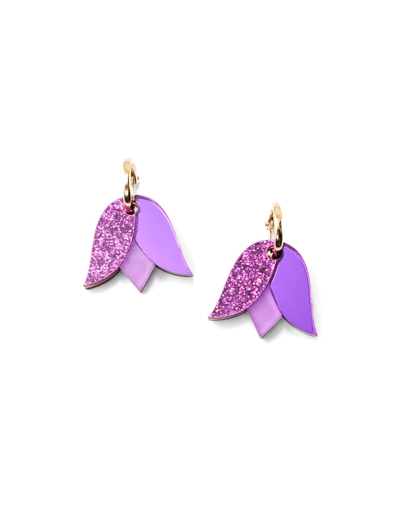 Purple tulip charm hoop earrings, glossy, lightweight, layered petals, glitter accent on gold hoops #color_purple