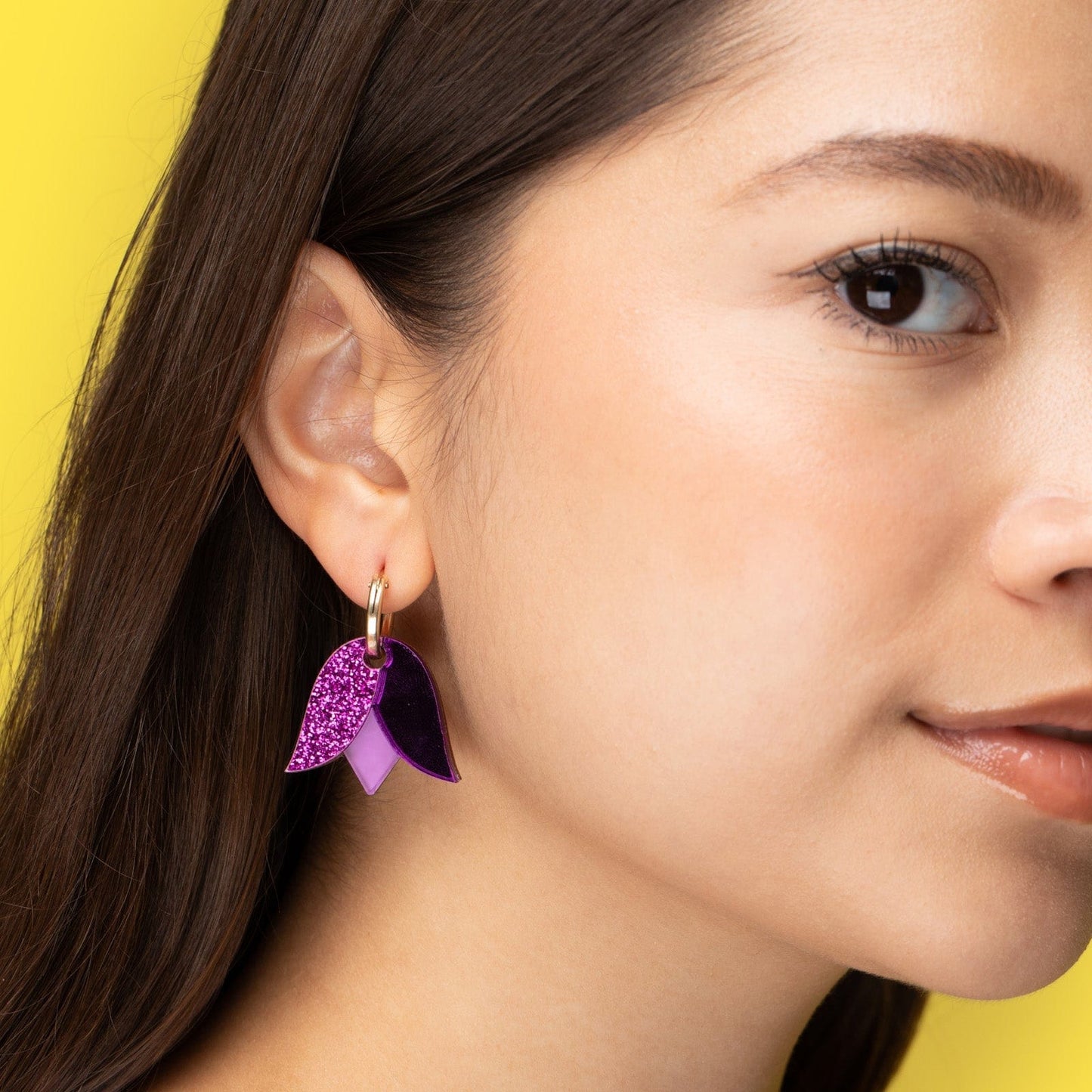 Tulip flower gold-filled hoop earrings #color_purple