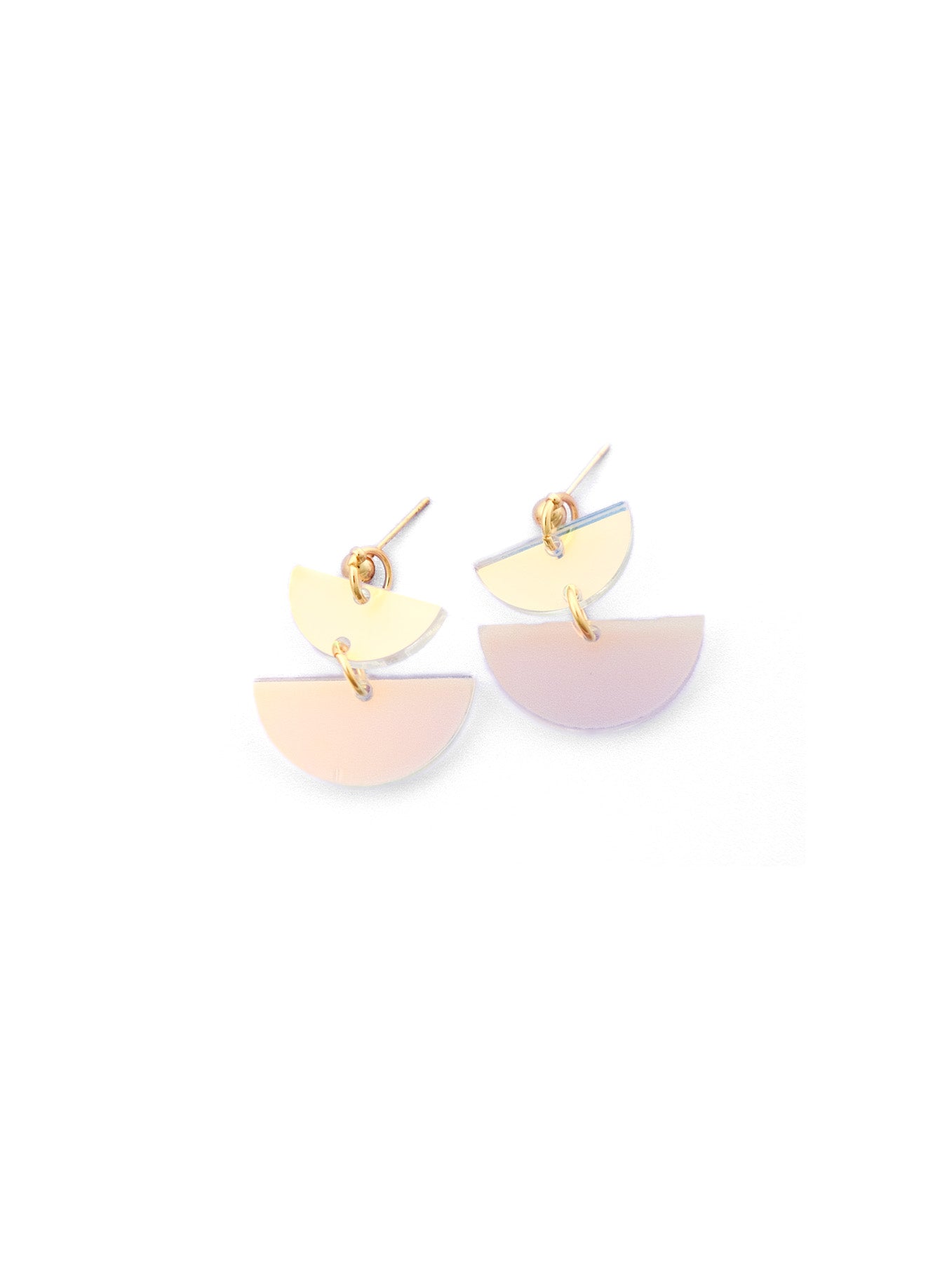 Iridescent twin half-moon danglers with stacked semicircles on gold posts, lightweight with fluid swing #color_iridescent