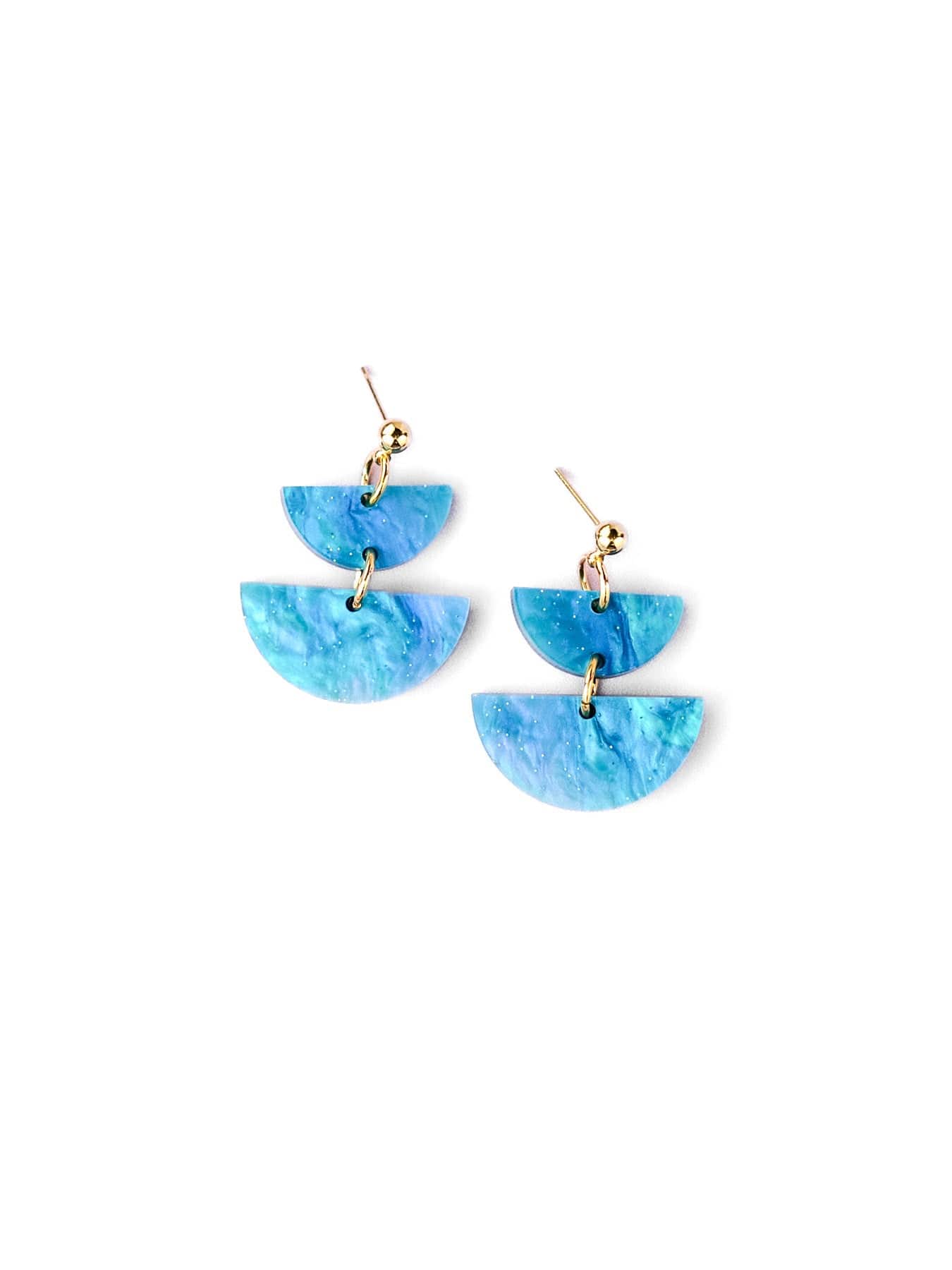 Mediterranean blue half-moon earrings, glossy marbled, lightweight, tiered semicircles on gold ball studs #color_mediterranean_blue