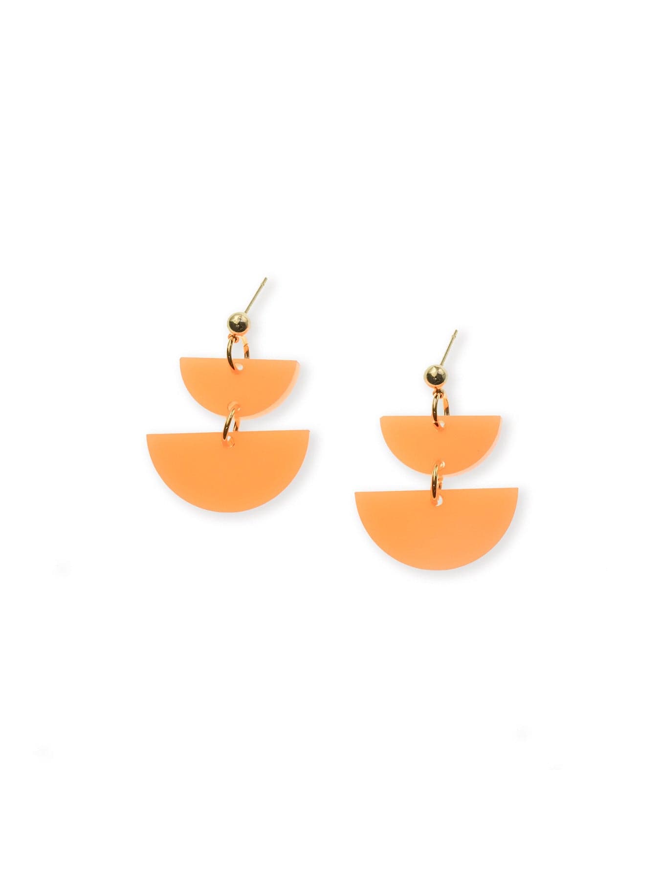 Geometric half-moon dangles, glossy neon orange acrylic tiers on gold studs, lightweight with lively swing #color_neon-orange