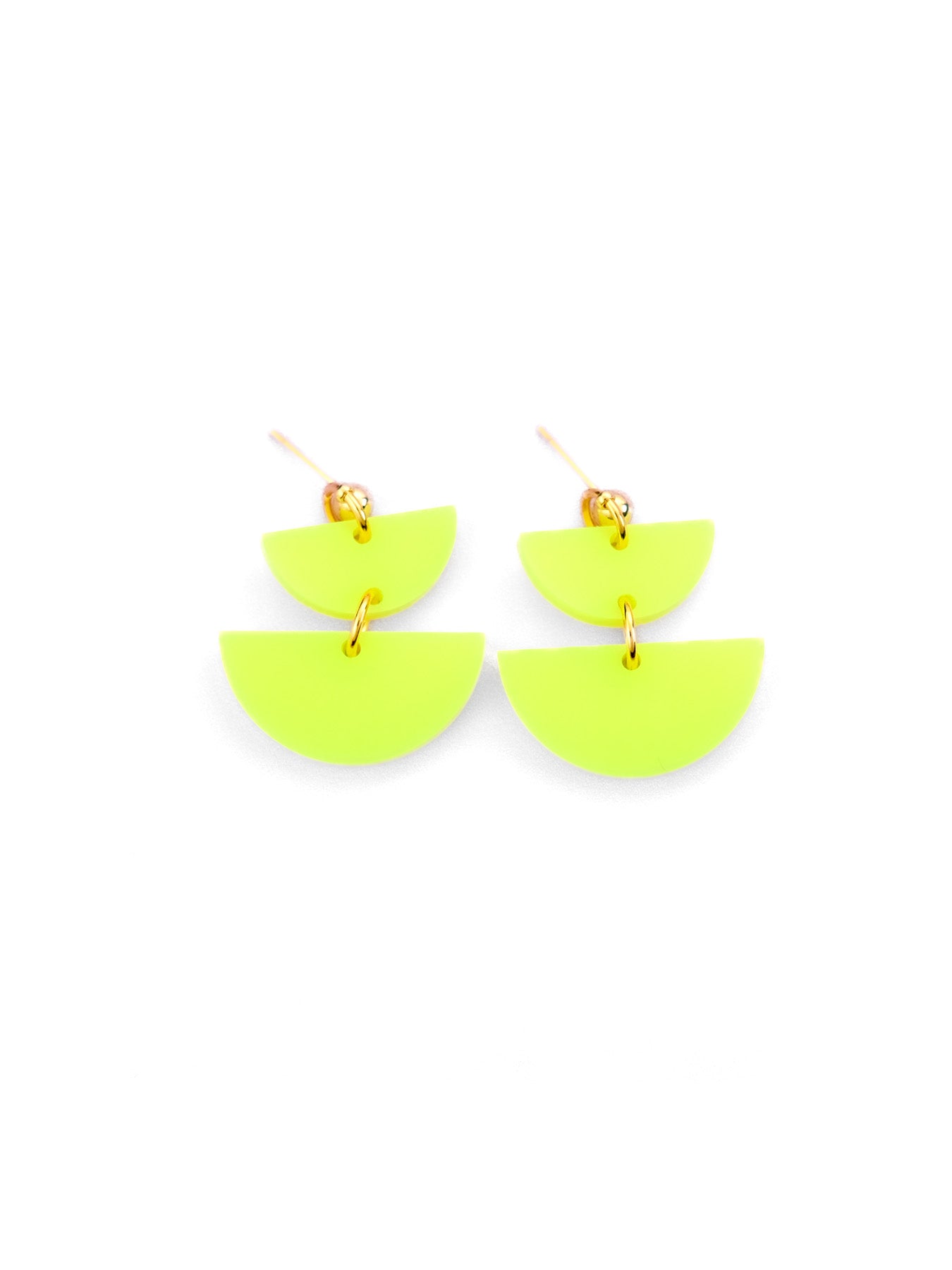 Neon yellow twin half-moon danglers with stacked semicircles on gold posts, sleek matte glow #color_neon-yellow