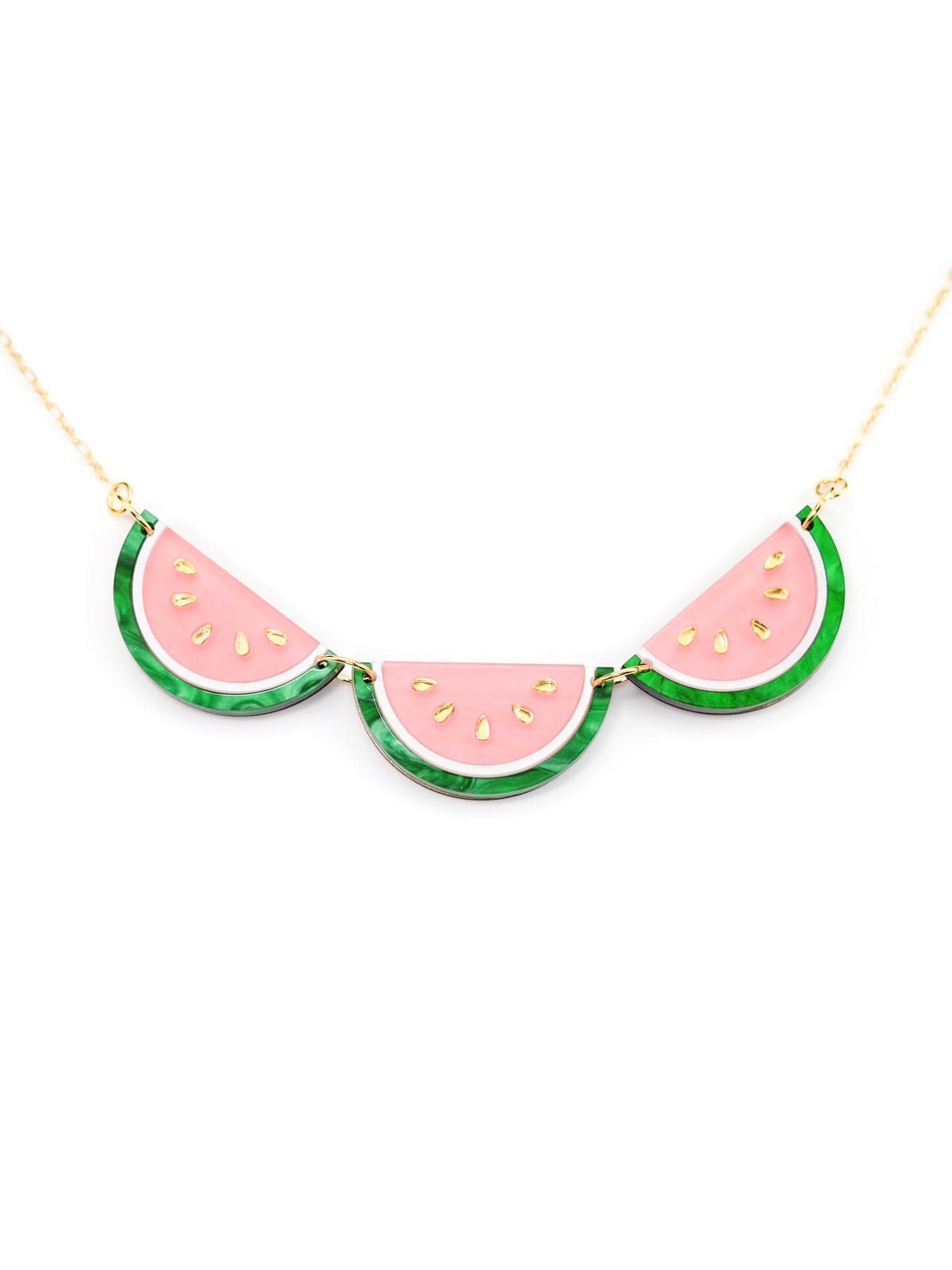Watermelon slice necklace, glossy, lightweight, playful, pink semicircles with green rind and gold seeds #color_pink-green