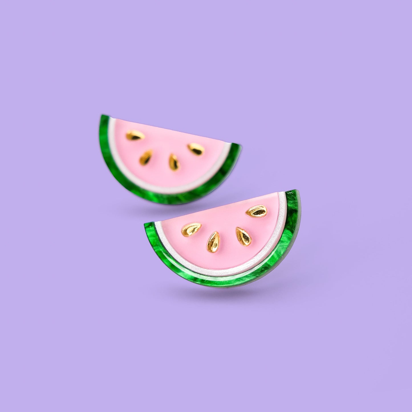 Watermelon slice stud earrings, glossy, lightweight, pink semi-circles with marbled green rind and gold seeds #color_pink-green