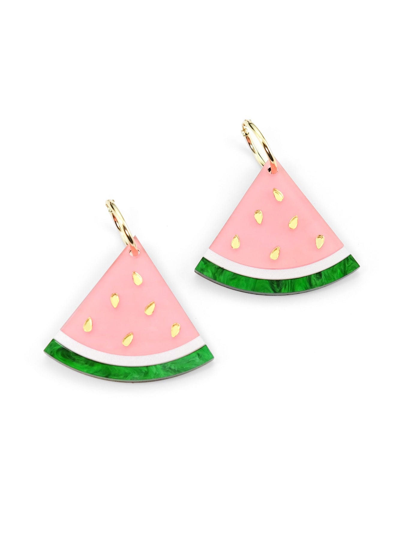 Watermelon wedge hoop earrings, glossy, lightweight, playful, pink triangles with green rind and gold seeds on gold hoops #color_pink-green