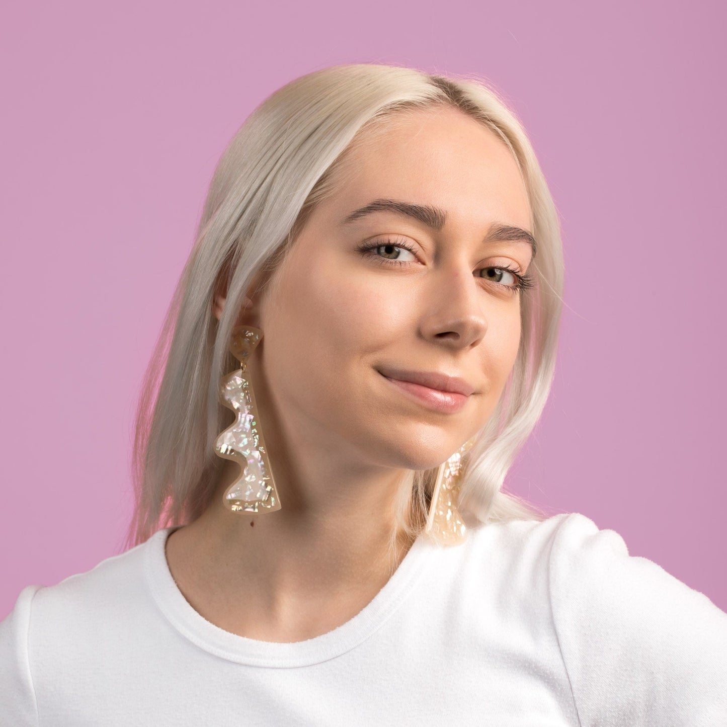 Mother of Pearl Wiggles statement earrings  #color_mother-of-pearl-terrazzo-natural