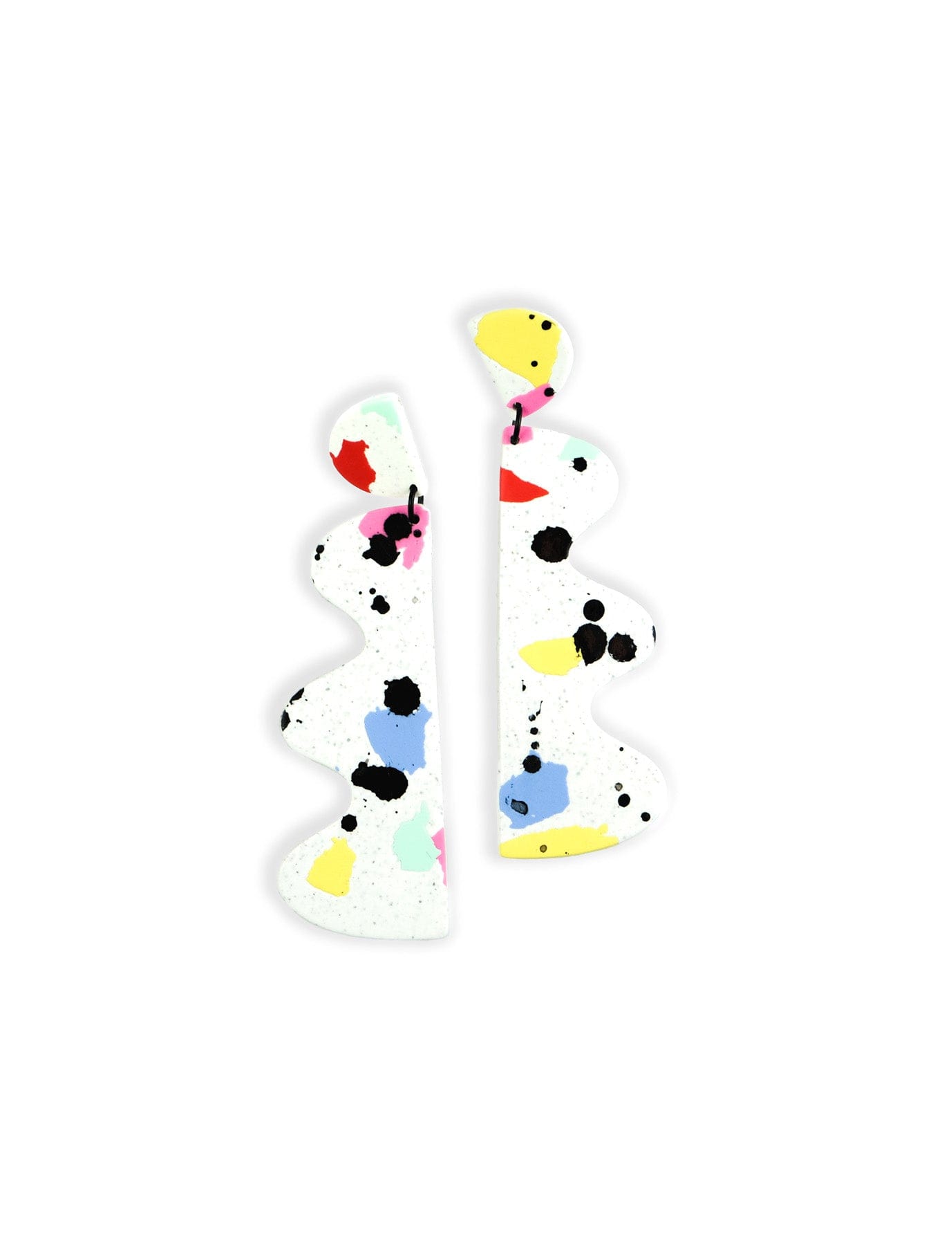 White splatter art wiggle earrings, soft-touch, bold, curvy edge panels with scattered color chips #color_multicolor