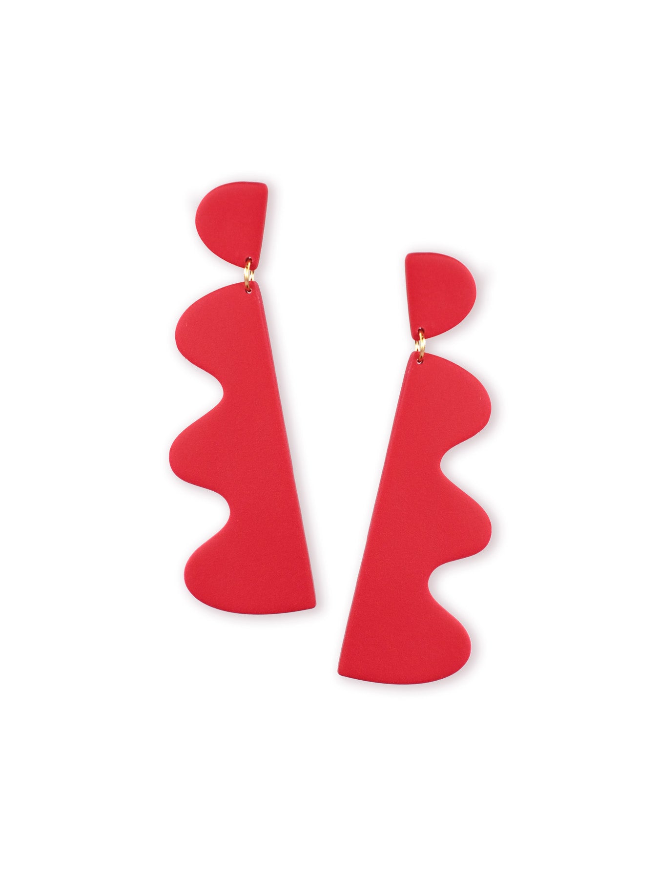 Red wiggle dangly earrings, matte, lightweight, sculptural, long tapered panels with wavy edge #color_red