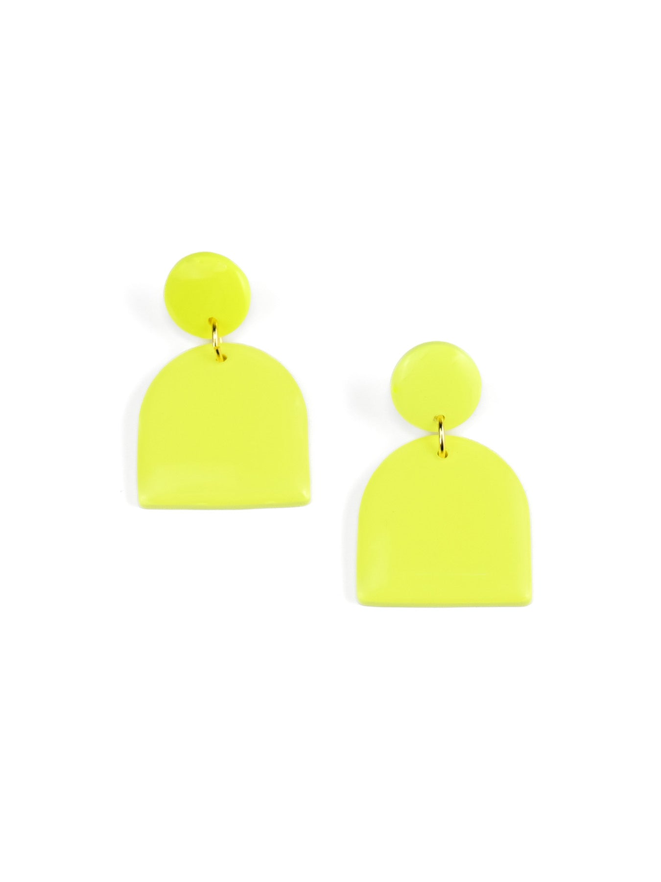 Contemporary drop earrings, glossy mirrored surface, clean architectural lines, bright sculptural form, lightweight and eye-catching in neon yellow #color_neon_yellow
