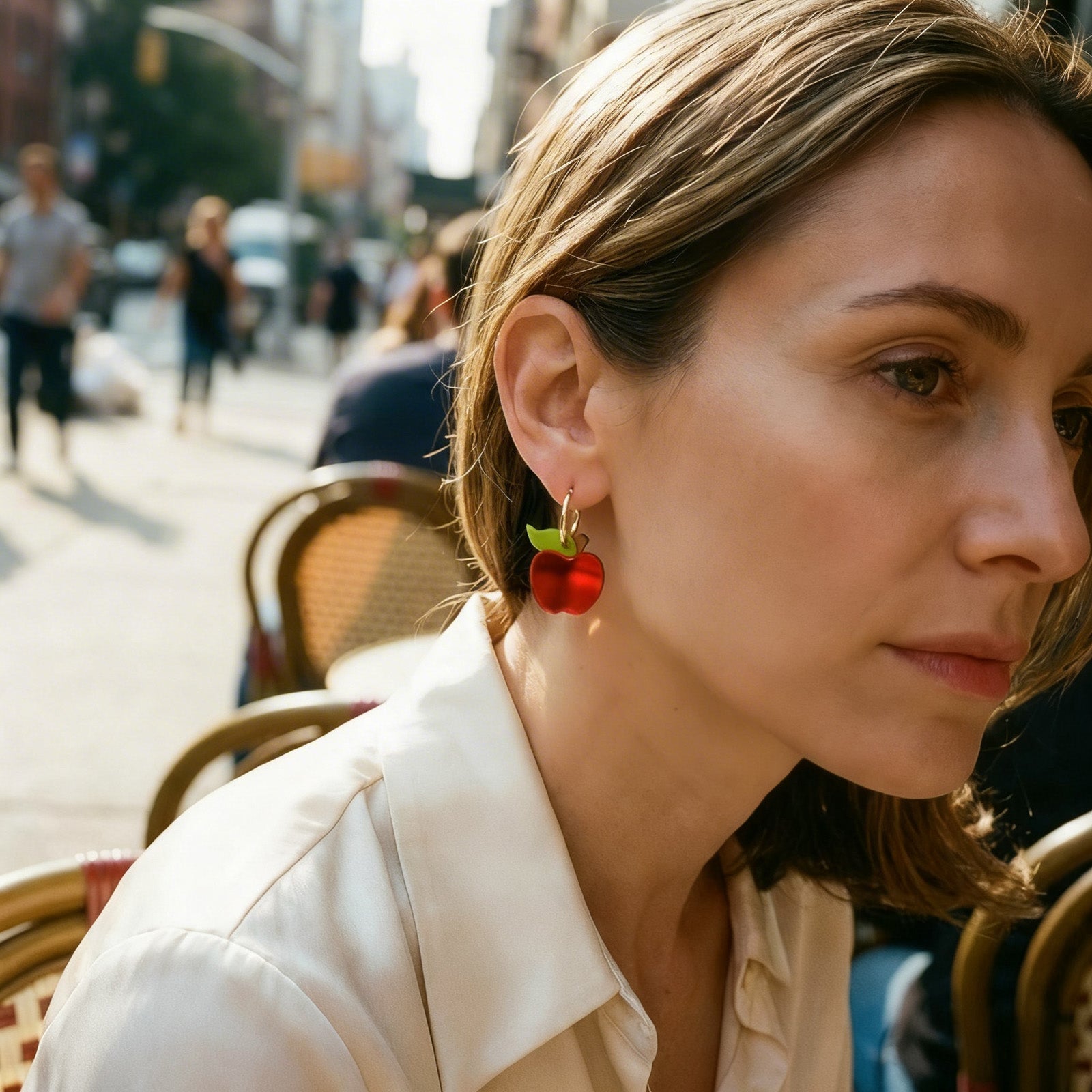 Cute Apple dangly hoop earrings, mirror-finish red, 14k gold filled