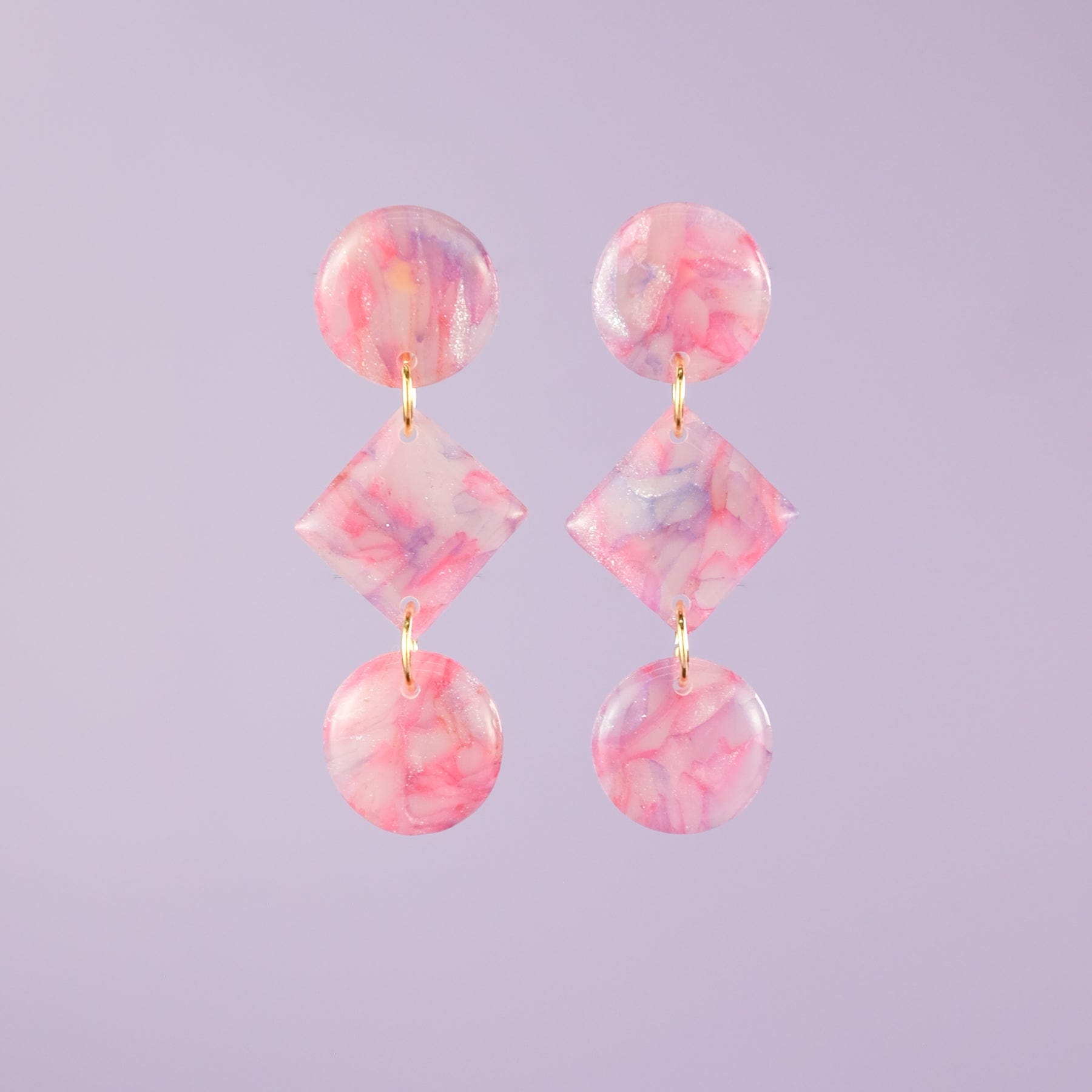 Marbled geometric dangly earrings lightweight pink purple and translucent