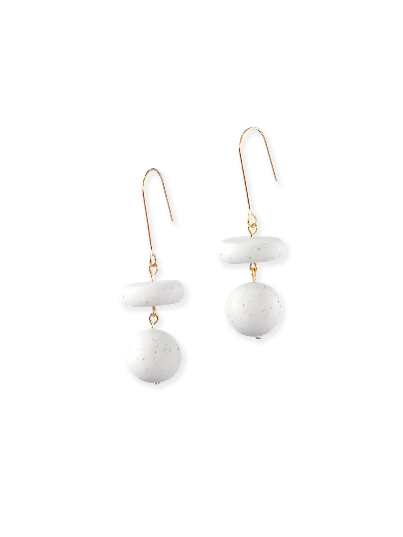 White speckled bead drop earrings, matte, lightweight, minimalist, stacked disk and sphere on gold hooks #color_white