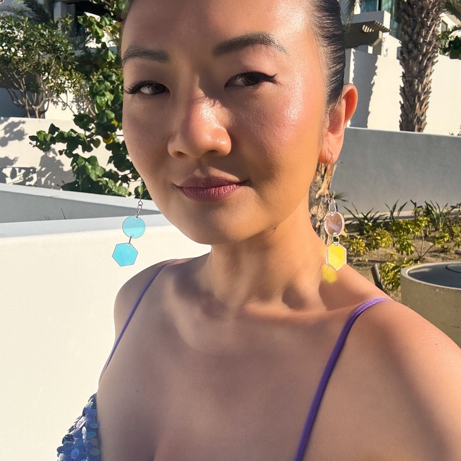 Elegant, elongated and lightweight Belle Dangles geometric dangly earrings in shiny iridescent #color_iridescent