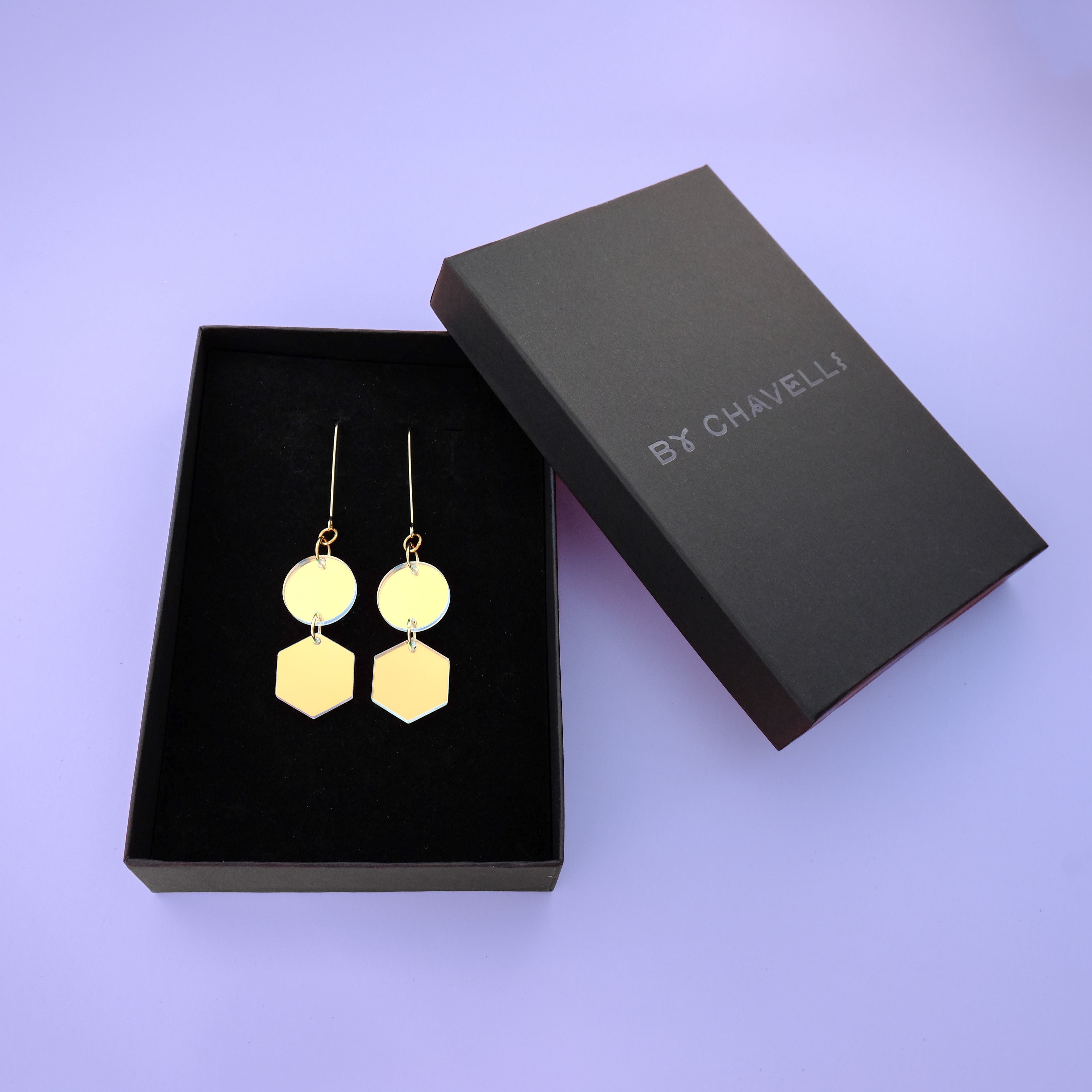 Elegant, elongated and lightweight Belle Dangles geometric dangly earrings in shiny iridescent #color_iridescent