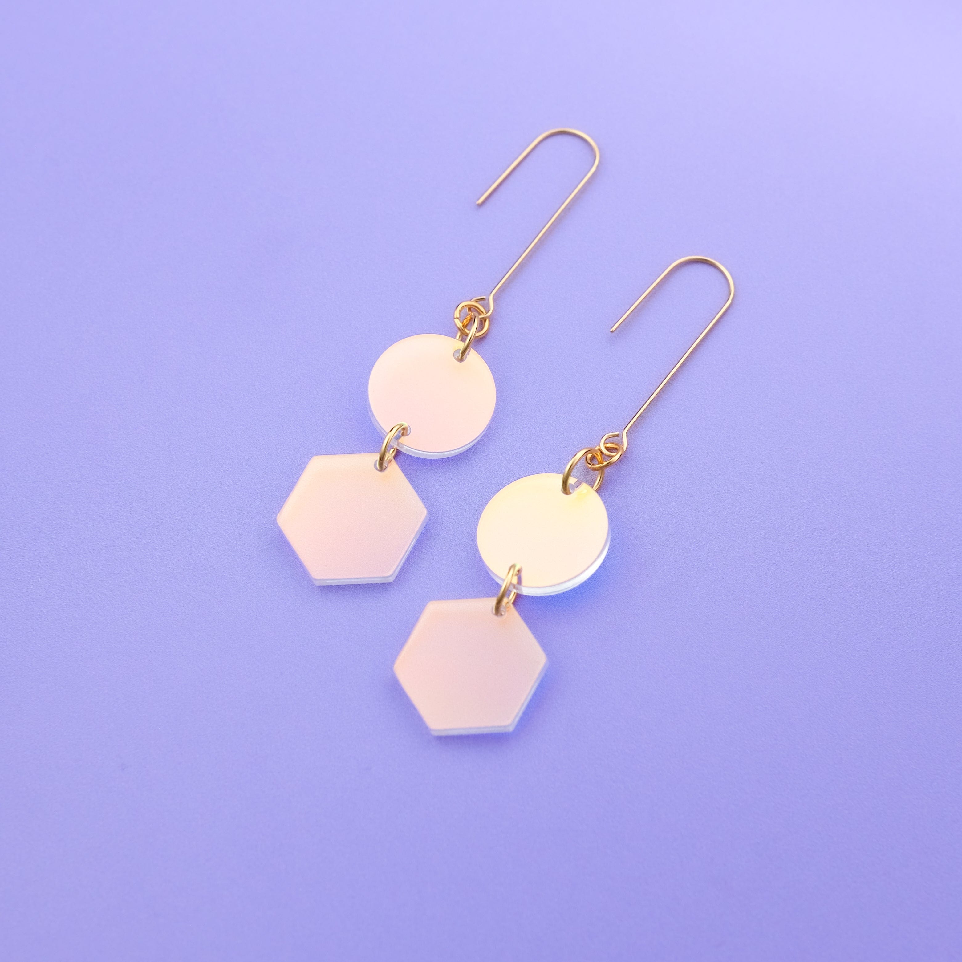Elegant, elongated and lightweight Belle Dangles geometric dangly earrings in shiny iridescent #color_iridescent