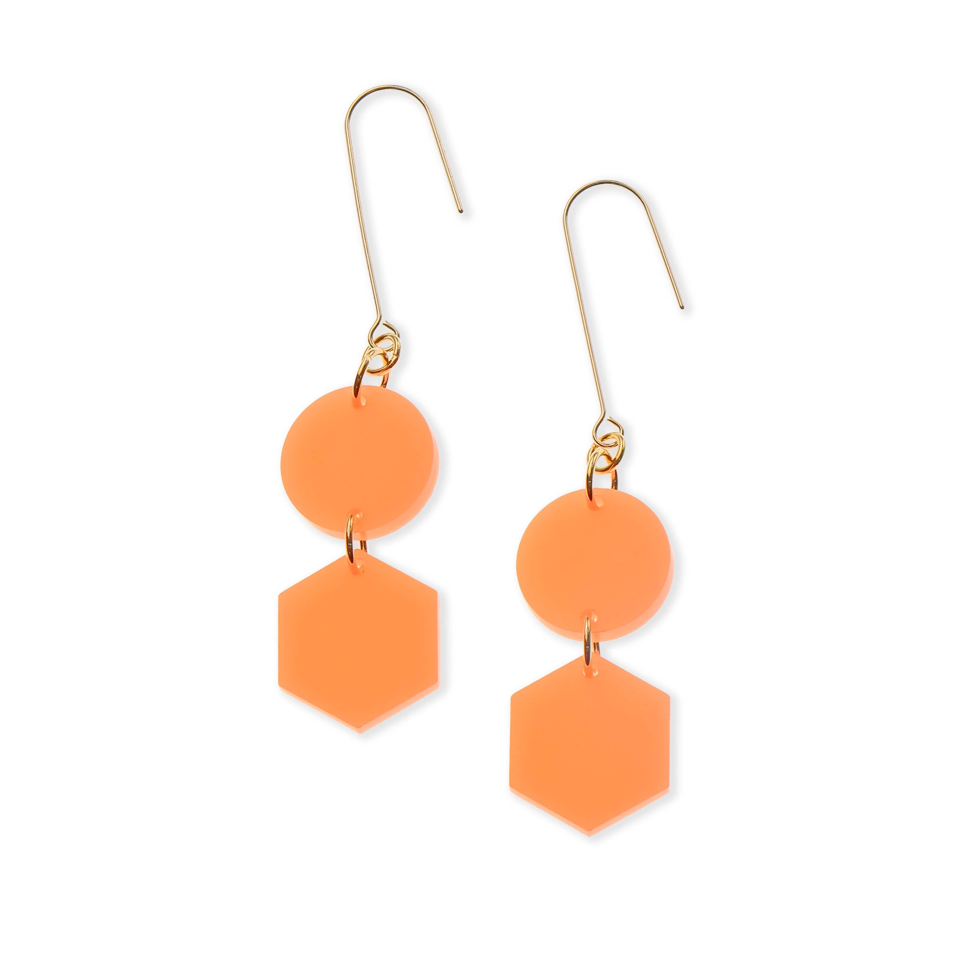Elegant, elongated and lightweight Belle Dangles geometric dangly earrings in bright neon orange #color_neon-orange