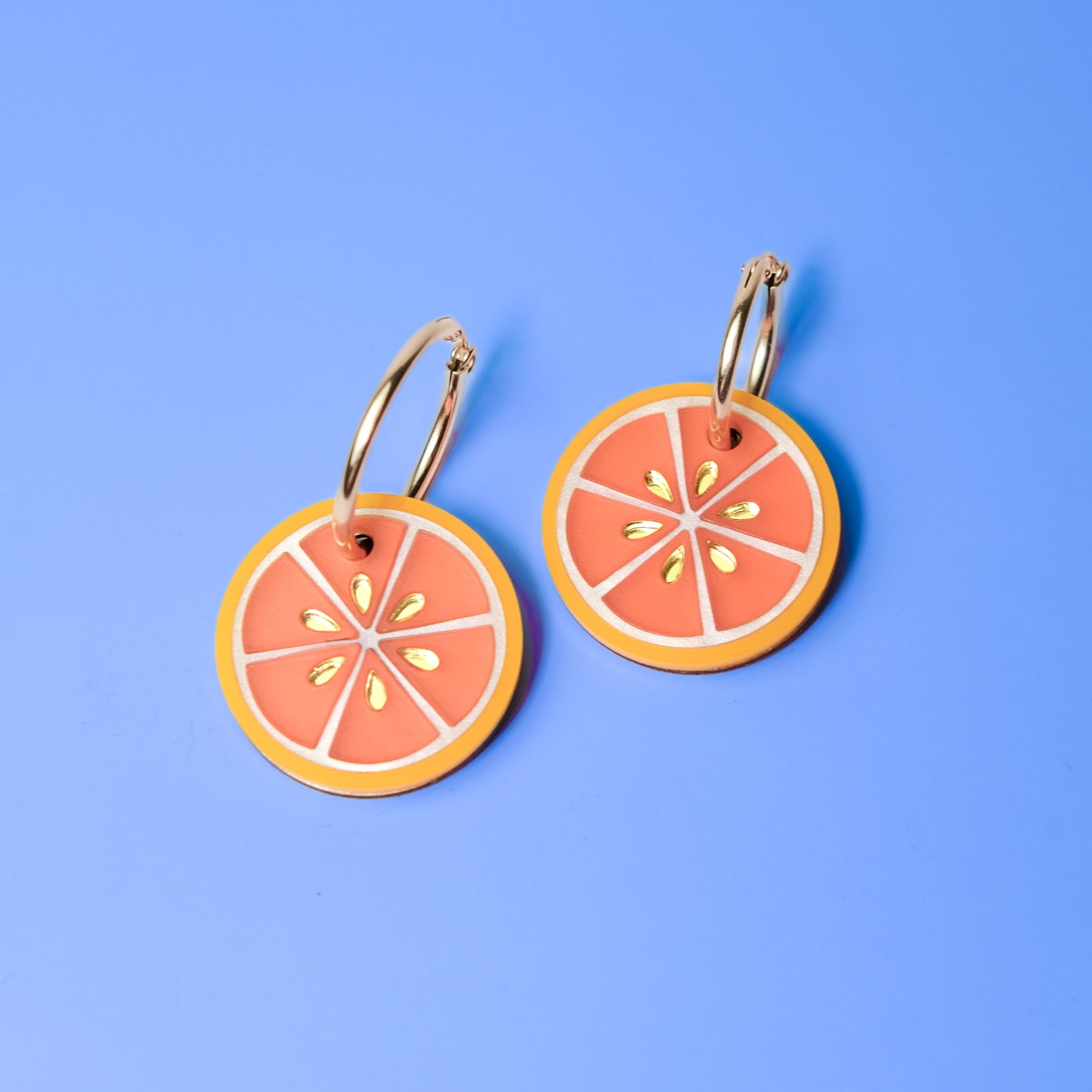 Unique elegant Blood Orange dangly earrings with gold-filled hoops