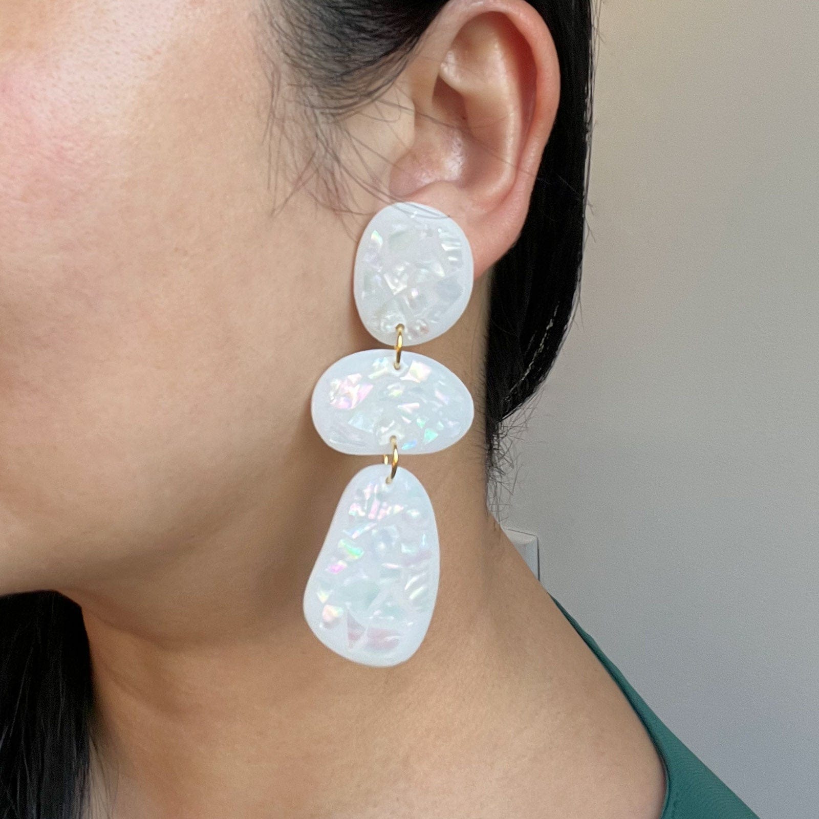 Hand-made mother of pearl terrazzo dangly statement earrings #color_mother-of-pearl-terrazzo-white