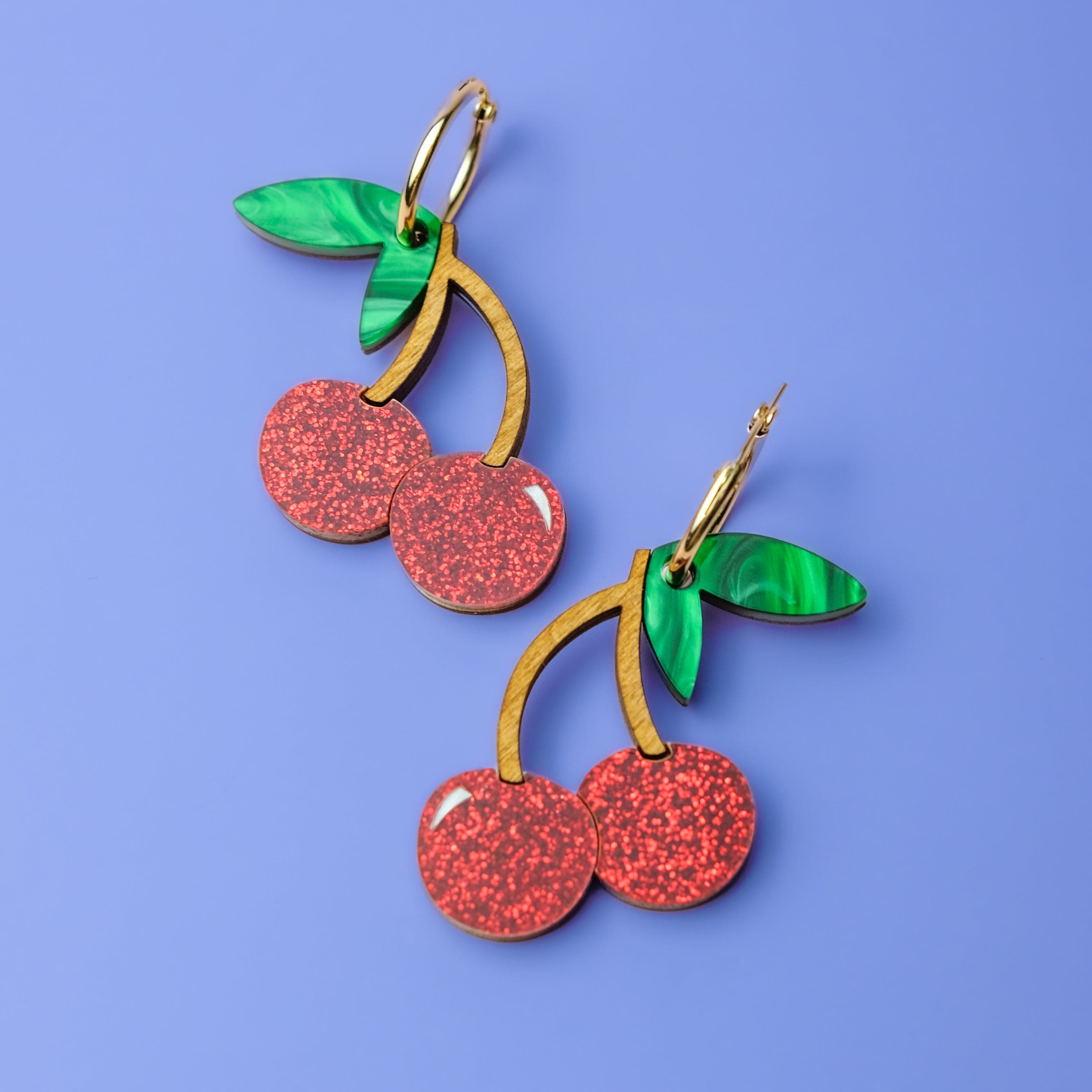 Fun and elegant Cherry dangly earrings with gold-filled hoops