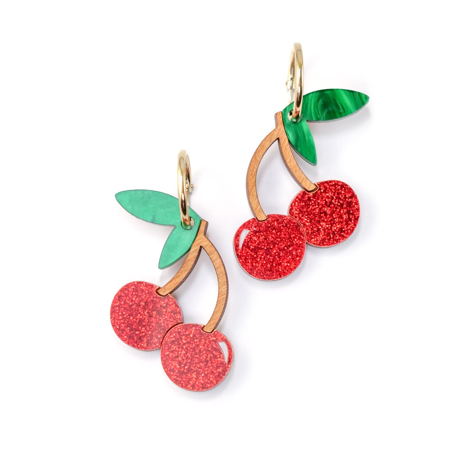 Cherry dangly lightweight statement hoop earrings, gold-filled