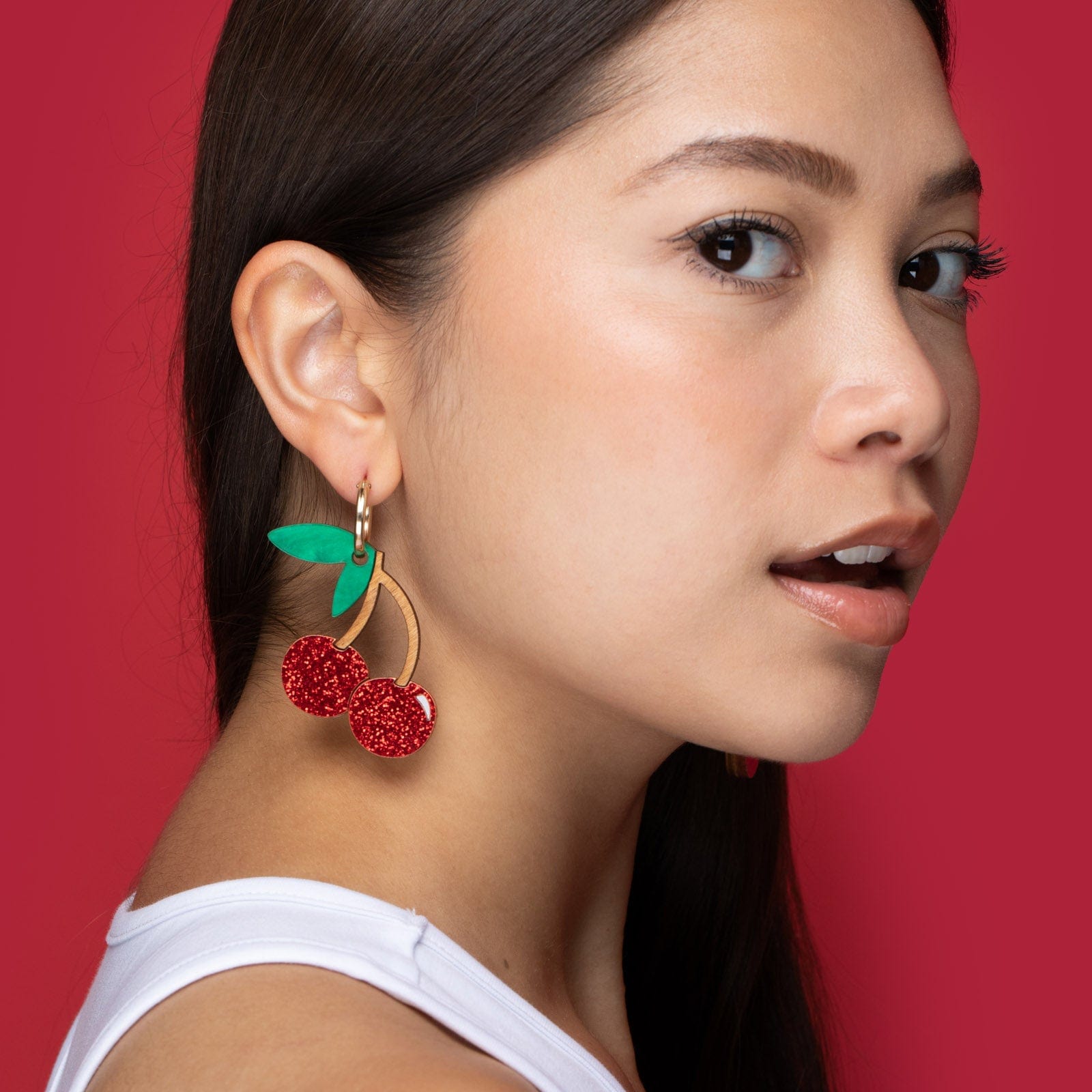 Cherry dangly lightweight statement hoop earrings, gold-filled