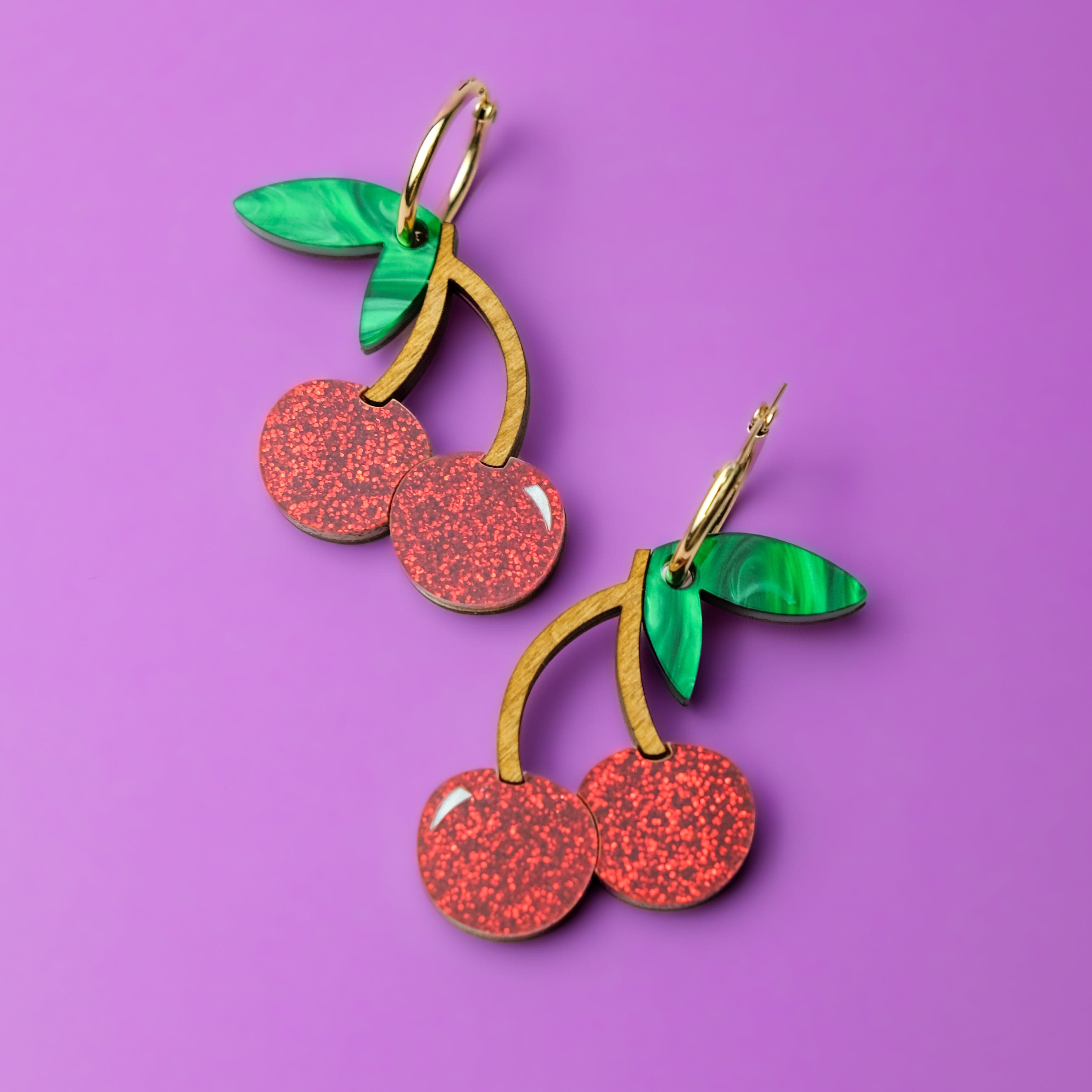 Cherry dangly lightweight statement hoop earrings, gold-filled