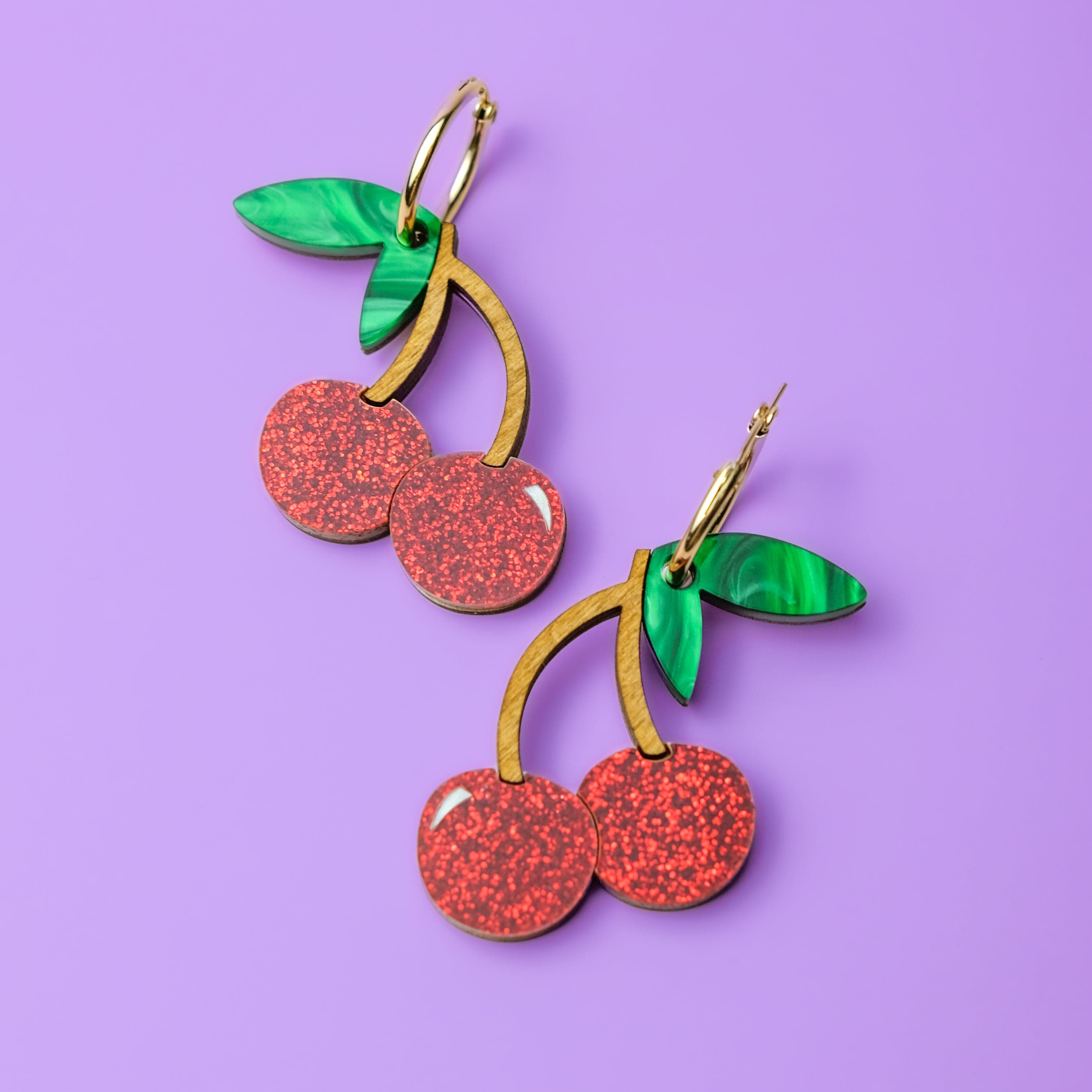 Cherry dangly lightweight statement hoop earrings, gold-filled